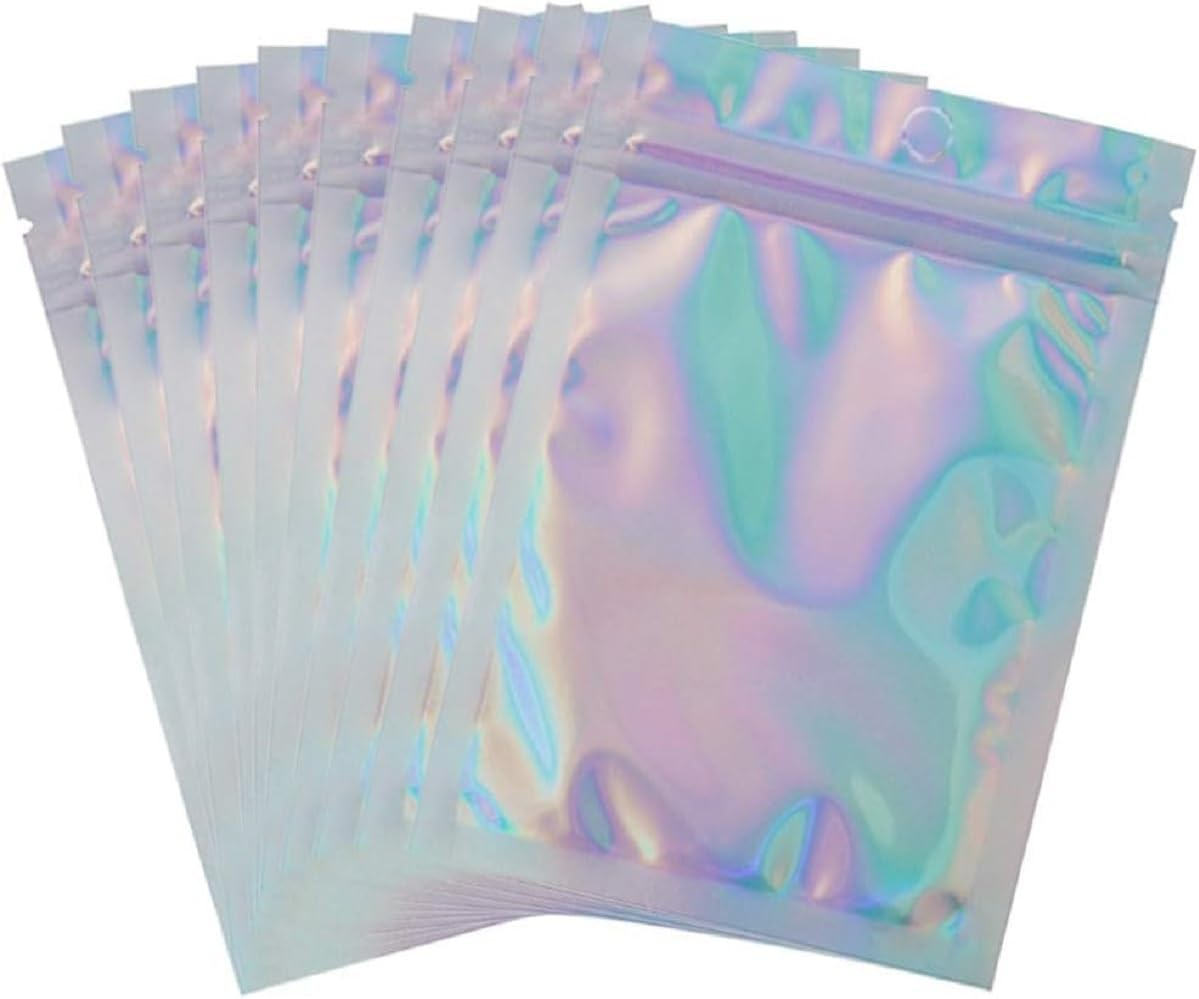 Holographic Foil Pouch Bags Flat Ziplock Bag Permotary Resealable Smell Proof Bags Colorful Aluminum Foil Bags Rainbow Mylar Bags for Food Storage Party Favor Trip (4"X 6", 50Pcs) image number 4