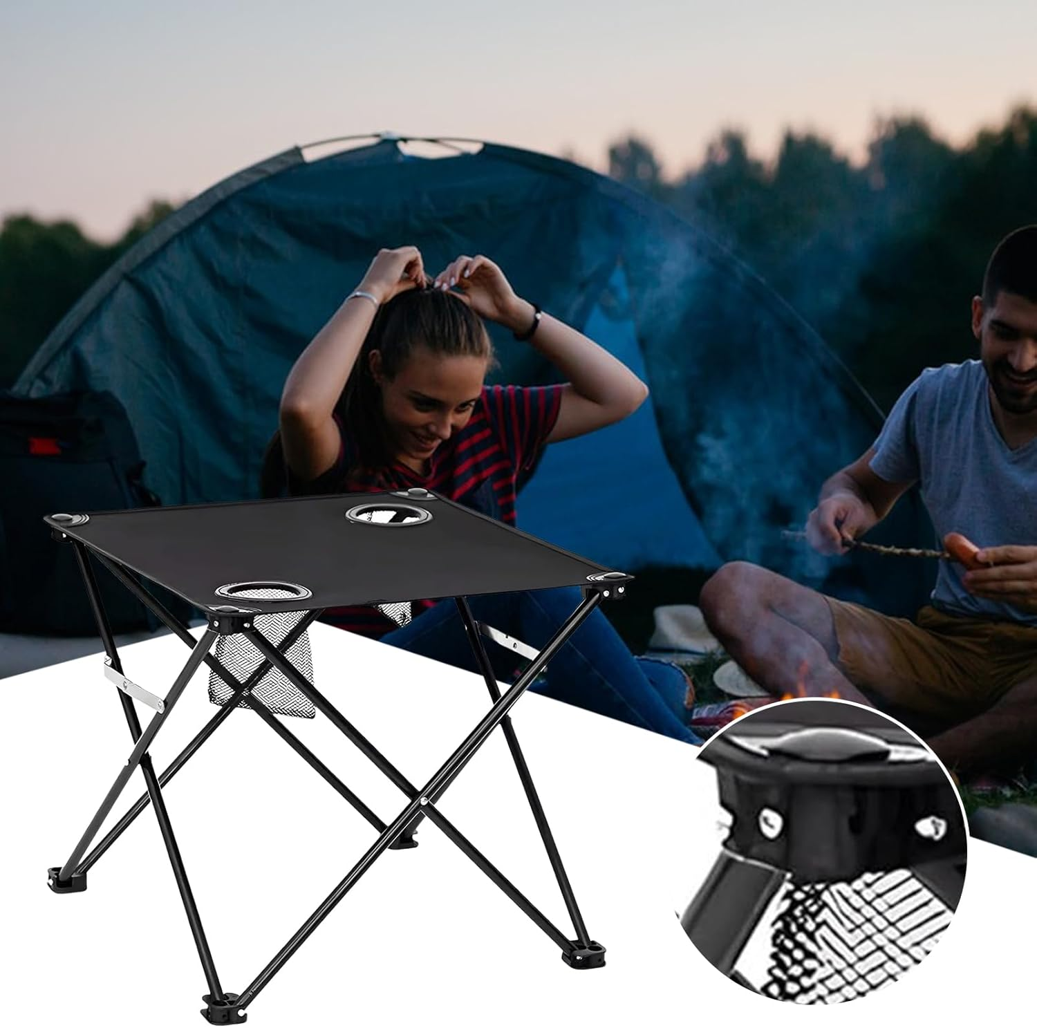 Portable Camping Table | Small Folding Table with 2 Cup Holders, Outdoor Portable Compact Design Lightweight Hiking Travel Fishing Picnic Patio Balcony Garden Home Dining Camping Gear image number 6