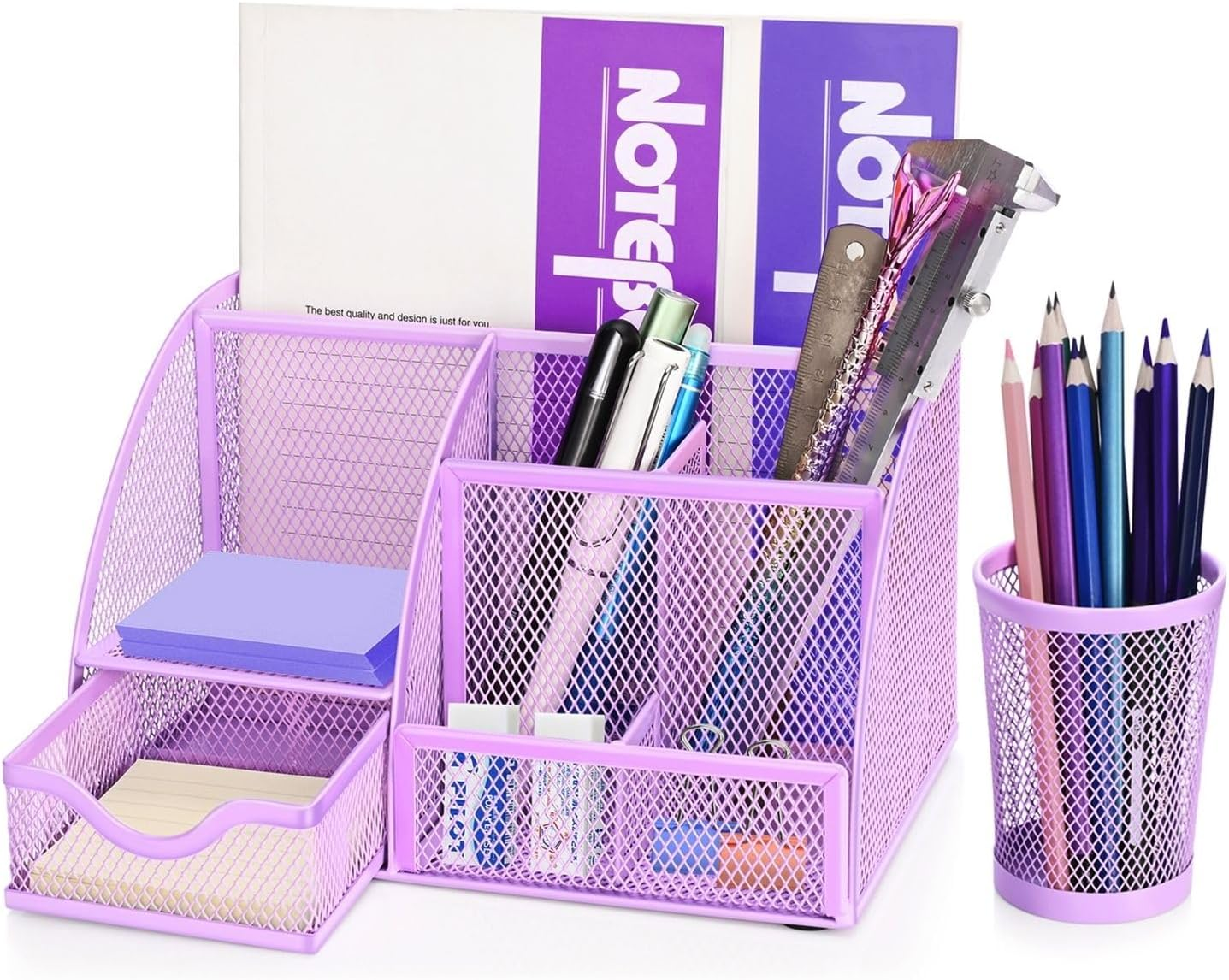 Flexzion Metal Mesh Office Supplies Organizer Caddy with 6 Compartments, Drawer and Pen Holder - Purple Desk Accessories Set for Women, Men, Students