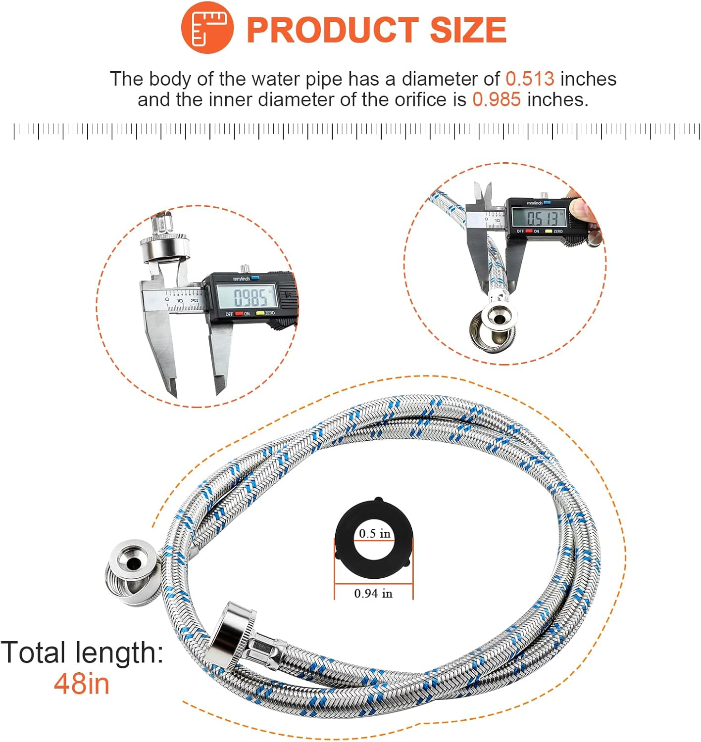 【UPGRADED】4FT Stainless Steel Washer Hoses with 90 Degree Elbows by Beaquicy - 2 Pack No-Lead Burst Proof Hot & Cold Water Connection Inlet Washer Supply Lines image number 5