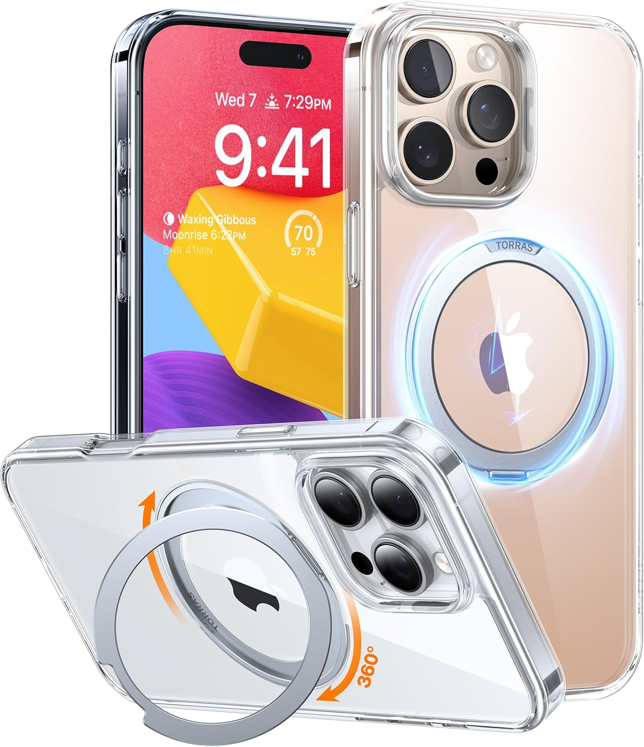 TORRAS 360&deg;Rotatable Magnetic Ring for Iphone 16 Pro Case, Fit for Magsafe with Stand & Ring Holder, 16FT Military Grade Shockproof Translucent Back for Iphone 16 Pro, Black