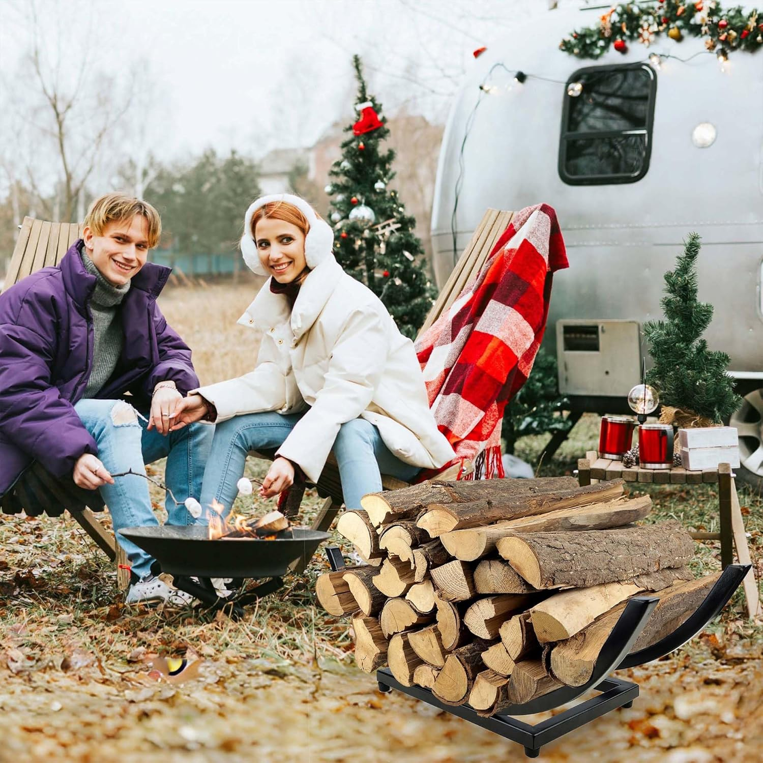 Curved Firewood Rack Holder: Heavy Duty Firewood Holder Indoor Outdoor for Firewood Storage - Fireplace Wood Rack Log Holder Black 22-Inch image number 2