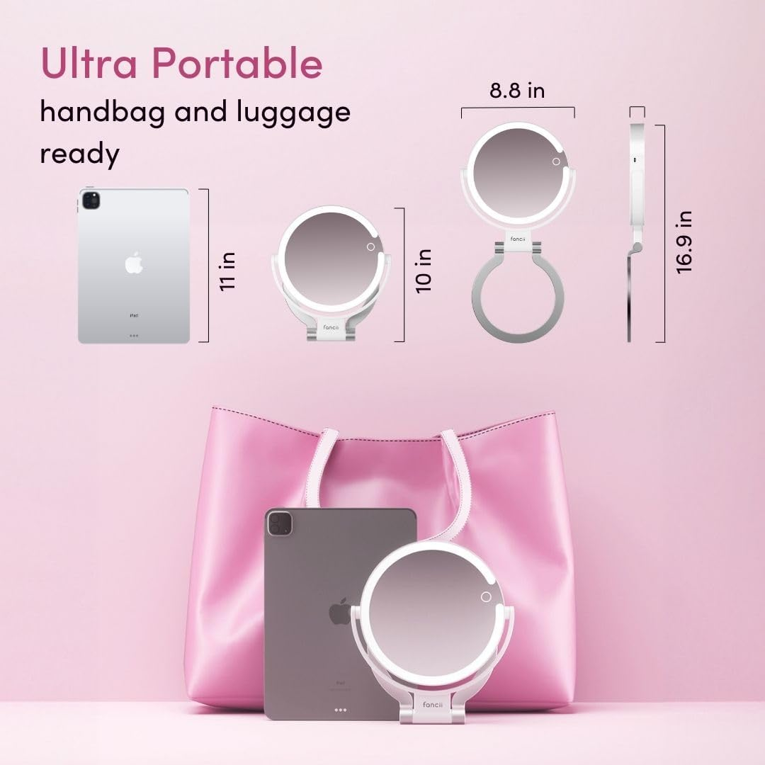 Fancii Travel Magnifying Mirror 10X /1X with Lights, Rechargeable | 9-Inch Extra Large LED Lighted Makeup Mirror, Folding Double Sided Portable Vanity Mirror, 3 Light Settings, Touch Sensor (Sadie) image number 3