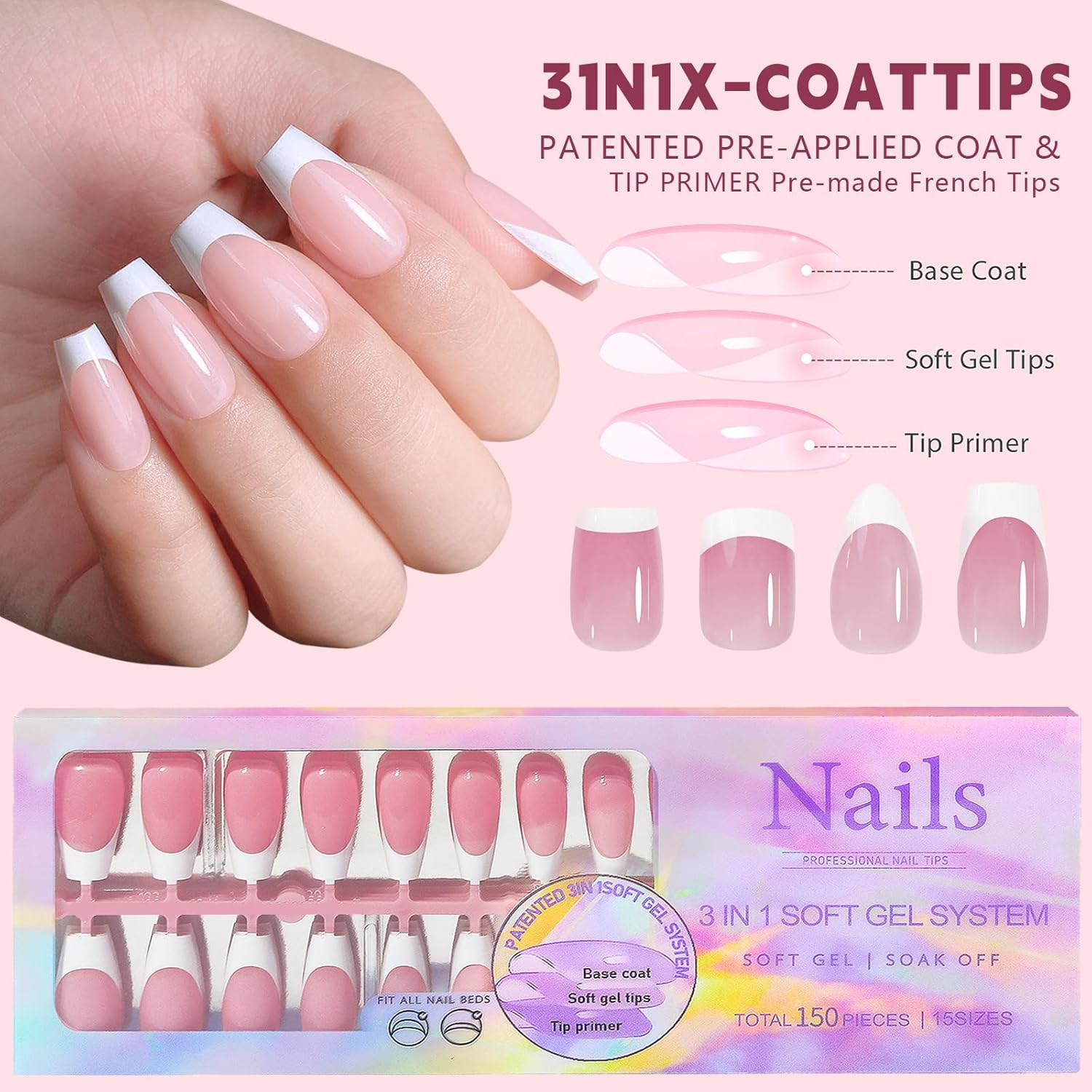 Nail Tips Set, 150 PCS Nail Tips for Acrylic Nails, Full Cover French Ballerina Nail Tips Fake Nails, Soft Gel Fake Nails Tips, Soak off Fake Nail for Nail Tips Art Salons and Home DIY, 021 image number 6