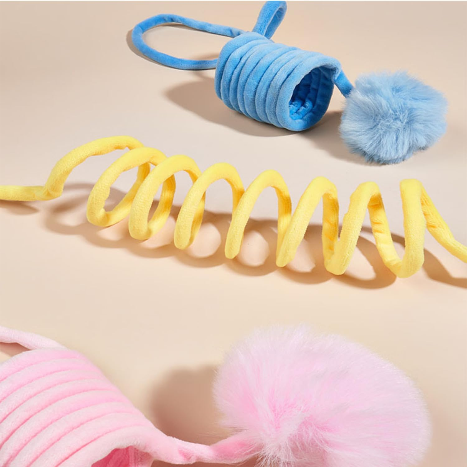 Suction Cup Cat Toys 6 PCS Interactive Play Spring Pom Ball Interactive Cat Play Set with Bell and Adjustable Cord for Indoor Kittens Adult Cats(Pink&Yellow&Blue) image number 5