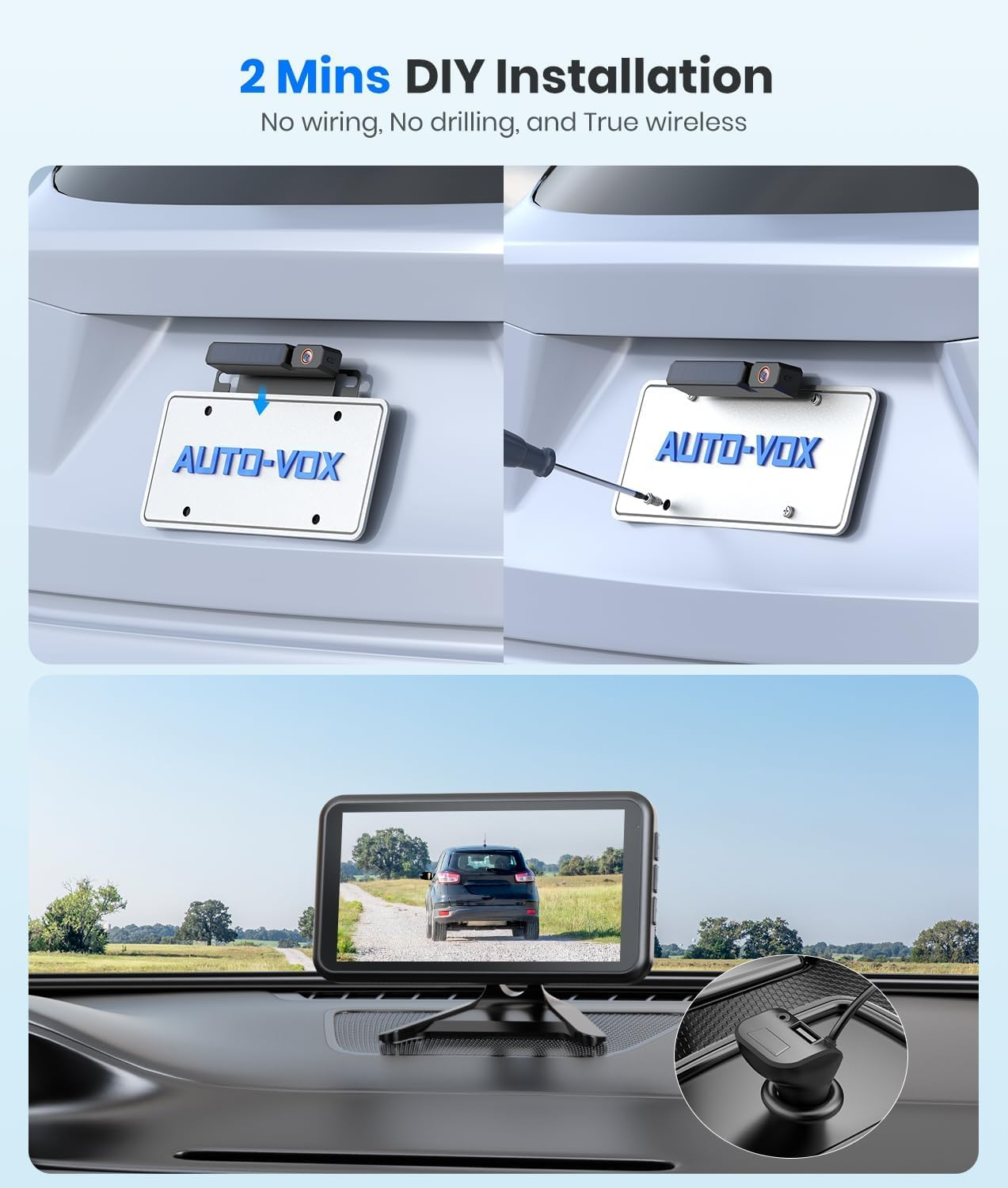AUTO-VOX Solar Wireless Backup Camera with 5" HD Monitor, 3-Minute DIY Installation, and Battery-Powered Backup Camera System, IP69K Waterproof Reverse Camera for Car/Van/Suv/Truck/Trailer image number 5