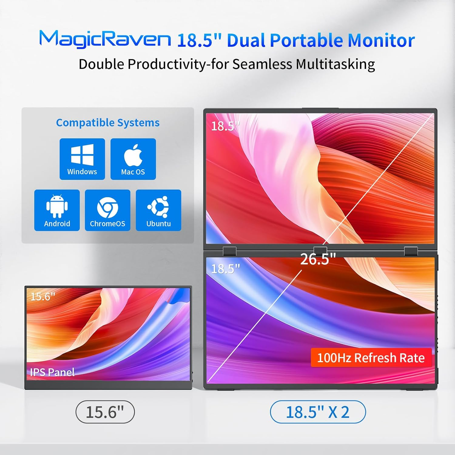 MAGICRAVEN Laptop Screen Extender, 18.5" Dual Monitors Stacked Folding Triple Monitor (Wins/Mac) 1080P 100Hz USB C Travel Extended Computer Display Triple Portable Monitor for Laptop PC Windows Mac image number 1