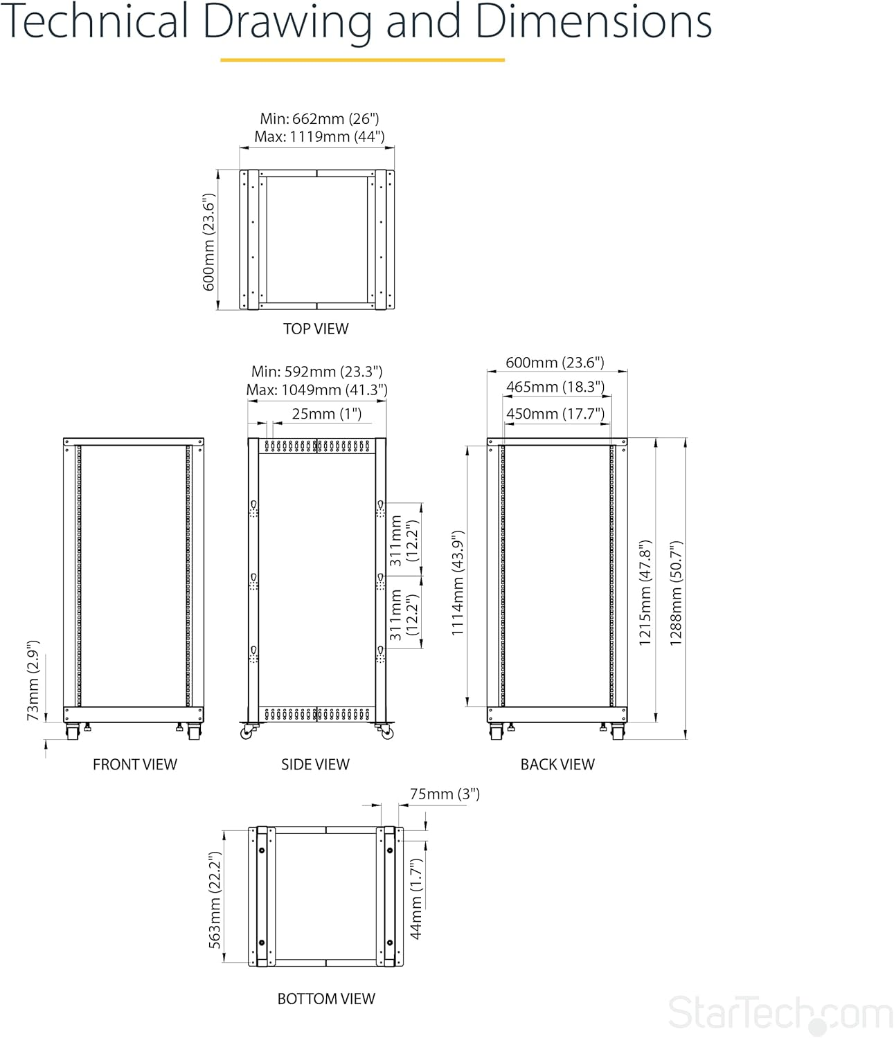 Startech.Com 25U Adjustable Depth Open Frame 4 Post Network Server Rack Cabinet with Casters/Levelers and Cable Management Hooks 4POSTRACK25U Black image number 6