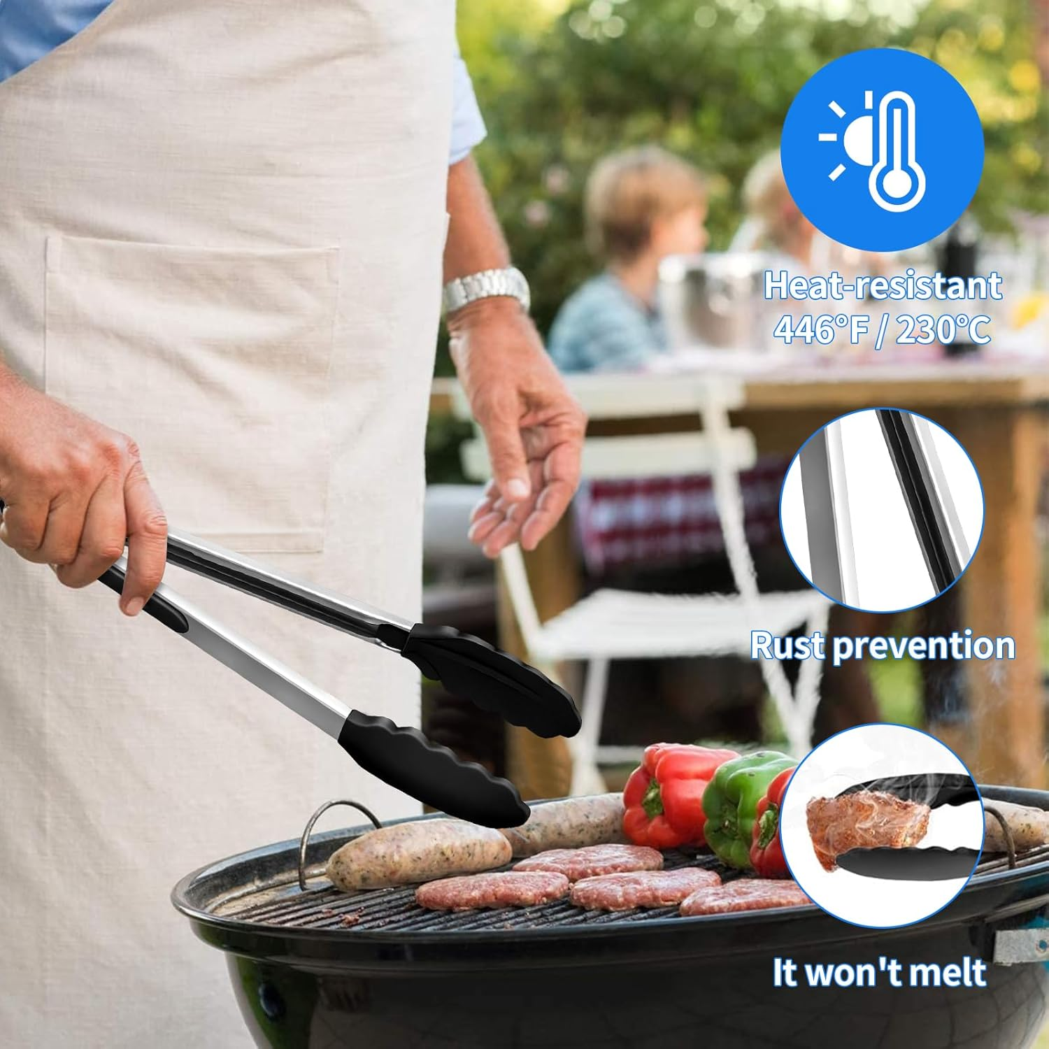 Silicone Tongs Set of 3, Stainless Steel Kitchen Tongs 18/23/30 Cm with Non-Stick Tips, Heat Resistant Cooking Utensils for Grill BBQ Frying Salad Serving (Black) image number 2