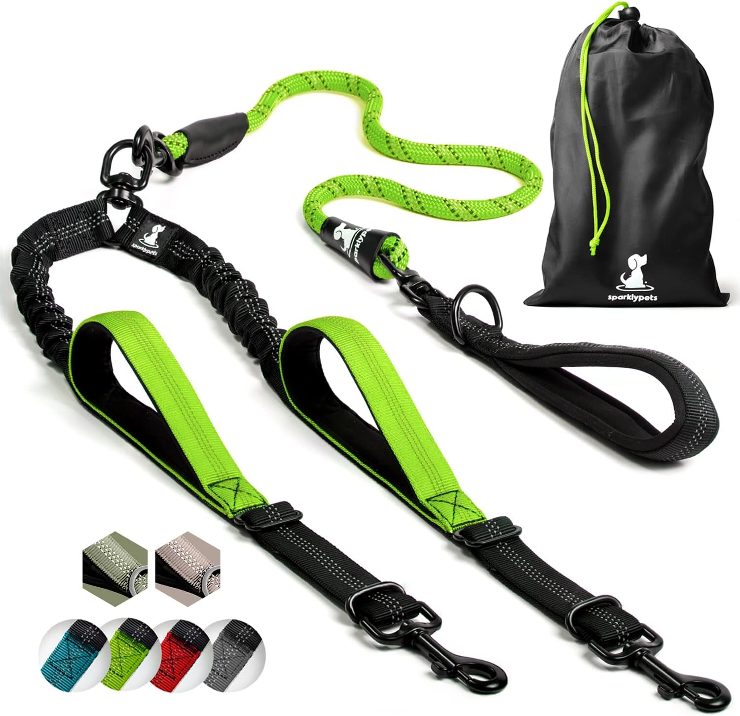 Sparklypets Double Dog Leash for 2 Dogs &ndash; Rope Bungee Dual Leash for Medium and Large Dogs with Padded Handles & Tangle Free (Teal, Medium/Large)