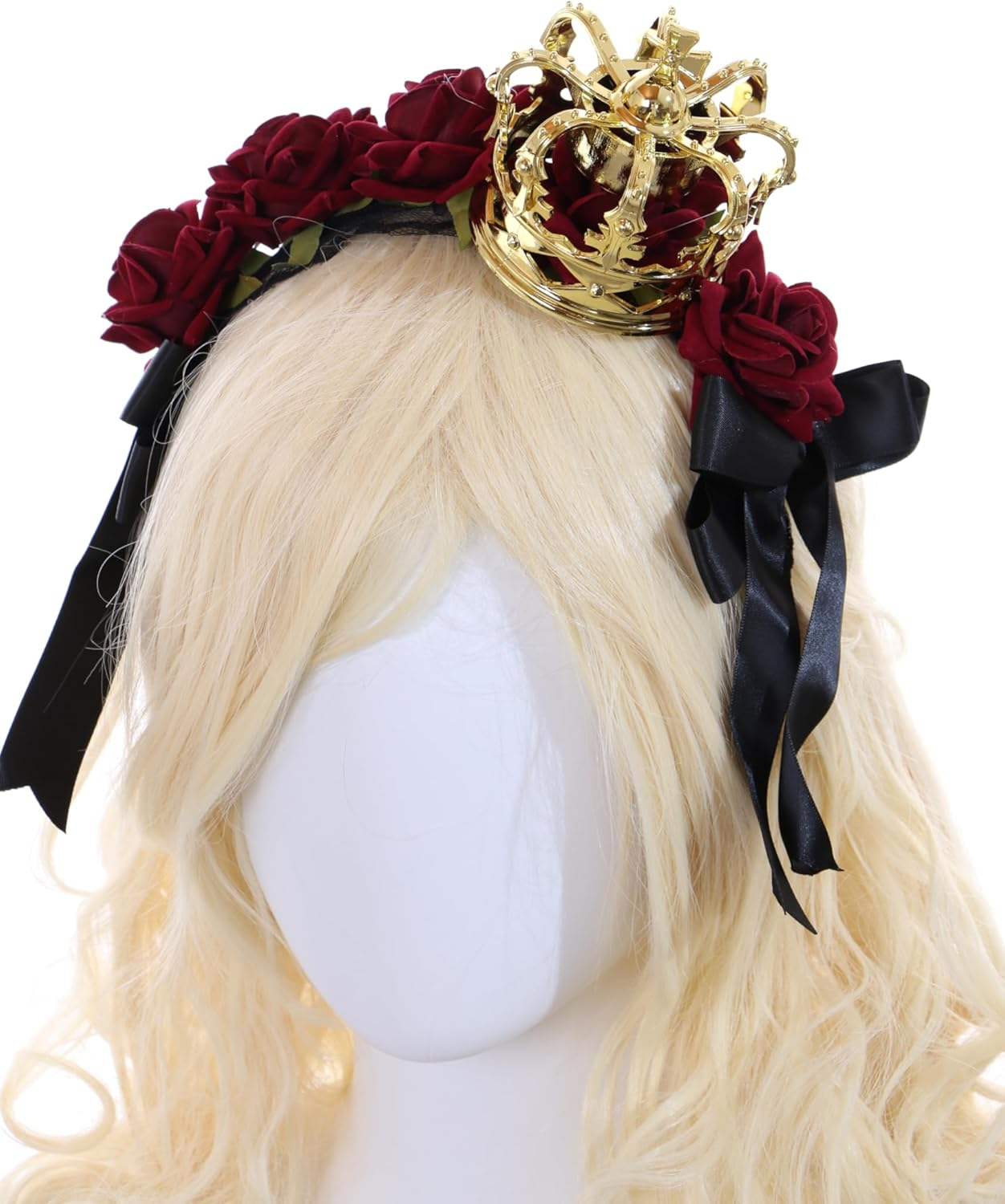 C-104-2 Gold Crown with Roses Red Lace Bow Ruffle Gothic Lolita Headband Party Celebration Hair Accessories Head Accessory image number 4