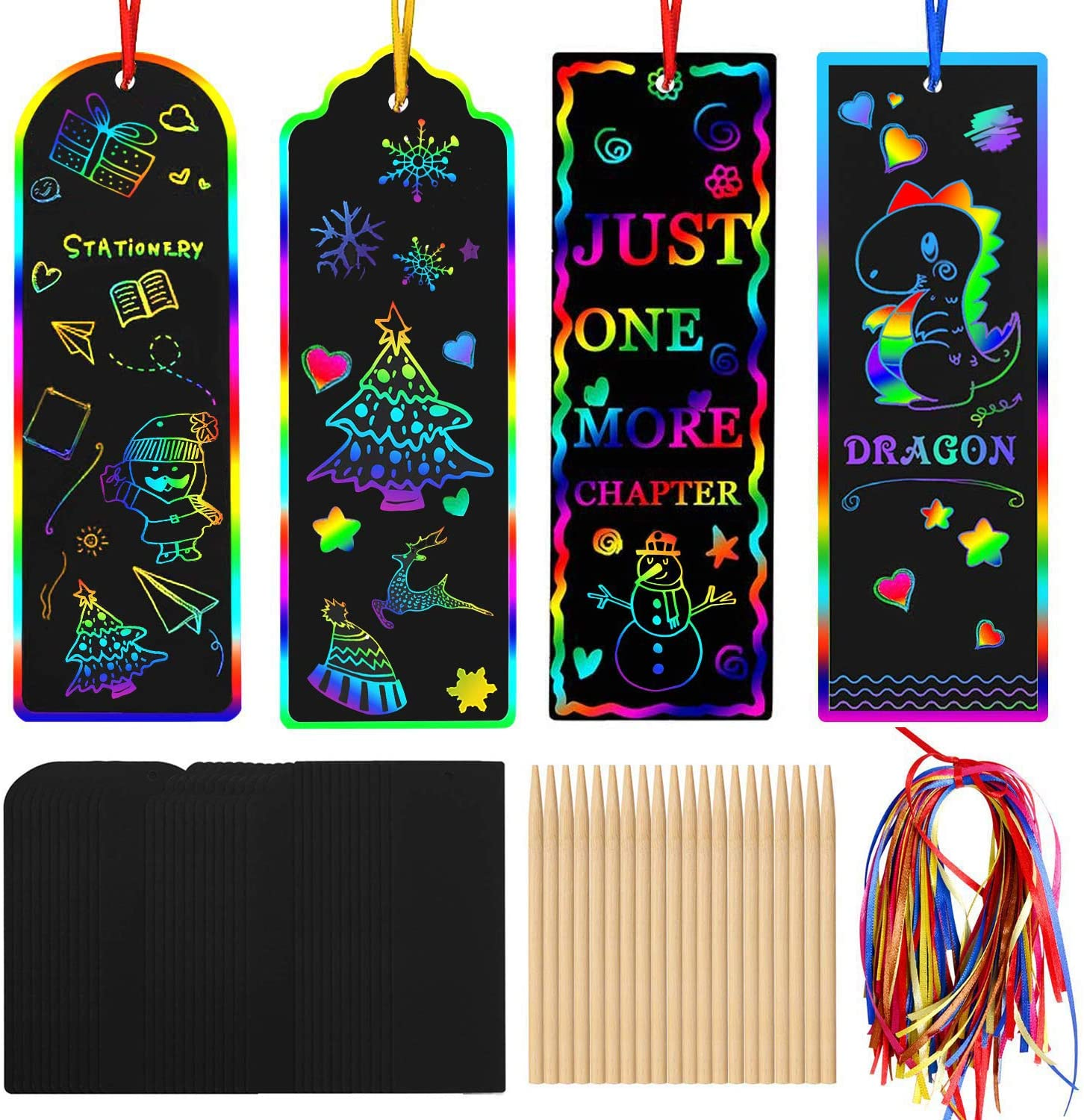 Augsun 96 Kits of Scratch Rainbow Paper Art Bookmarks DIY Gift Tags Magic Rainbow Notes Cards with Bamboo Stylus, Colorful Satin Ribbons for Children Students Party Favor Classroom Travel Activity image number 6