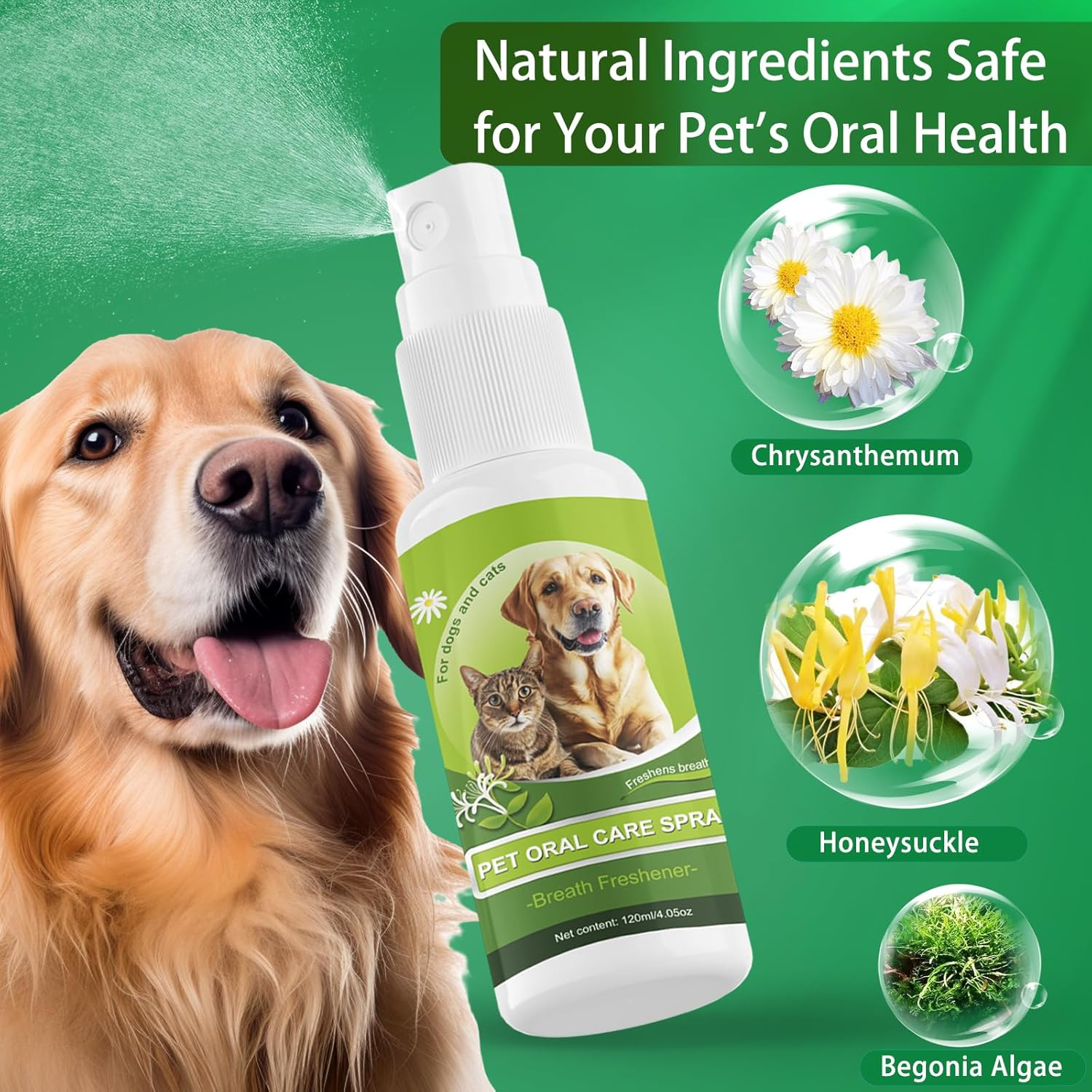 Pet Oral Spray, Oral Hygiene Spray for Dogs and Cats, No Brush Oral Cleaning Mouthwash, Edible Fresh Breath, Oral Deodorant, Cleans Teeth, Teeth Cleaning for Dog and Cat（120Ml/4.06Fl Oz） image number 3