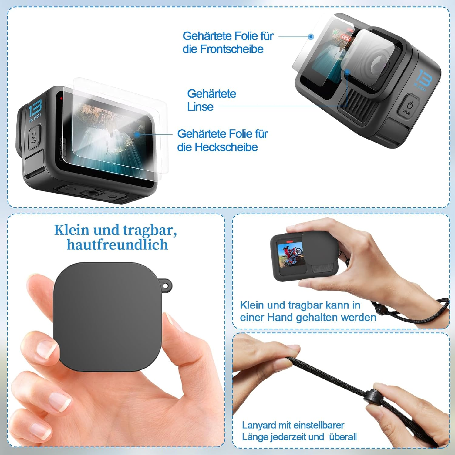 Gopro Hero13 Silicone Protective Case, Camera Case & Screen and Lens Hardened Film & Lens Cap & Lens and Screen Cleaning Set & Hand Rope, Gopro Hero13 Black Accessory Package image number 5