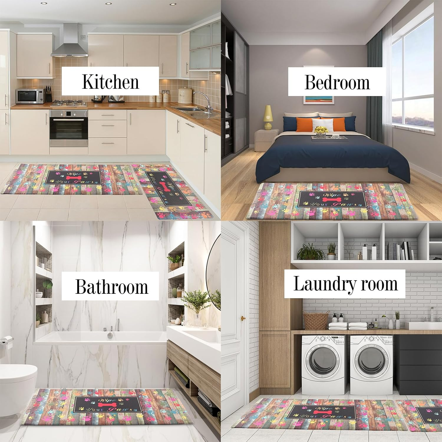 Kitchen anti Fatigue Mat Set of 2,Waterproof Non-Skid Cushioned Kitchen Floor Mat Comfort Standing Mat for Home, Office, Sink, Laundry, Colorful Paws (Black/Green) image number 5