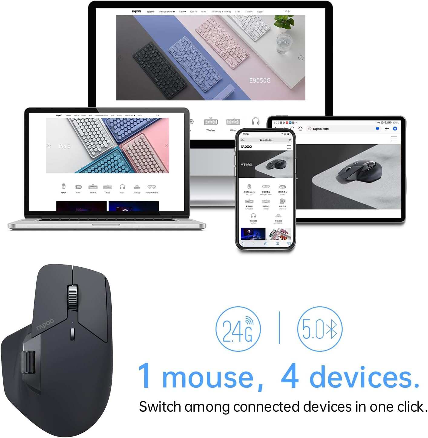 Rapoo Mt760Mini Bluetooth Wireless Mouse - Bluetooth 5.0 and 2.4Ghz Multi-Mode Connection, Support 4 Devices, M+ Cross Computer Technology, 11 Programmable Buttons, 90 Days Battery Life image number 5
