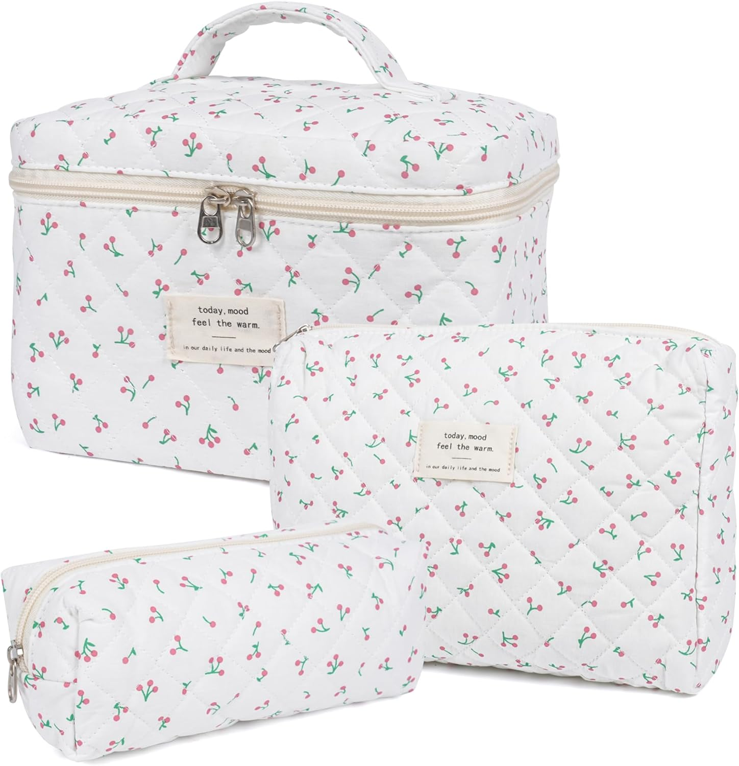 Makeup Bag, Quilted Makeup Bag,Large Floral Cosmetic Bag for Women,Cotton Makeup Bag Set,Flower Travel Toiletry Bag., Cherry, 3PCS
