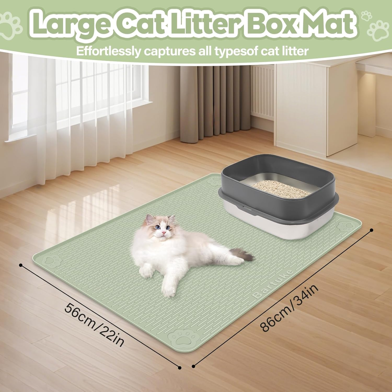 Cat Litter Mat, Extra Large 86.4 X 56CM Silicone Mat Litter Trapping Mat for Scatter Control, Soft on Kitty Paws, Easy to Clean (Light Green)