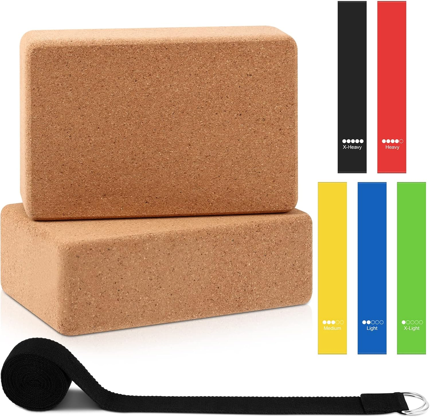 Liliful 8 Pcs Cork Yoga Block with Strap and Resistance Loop Set Yoga Cube Stretch Yoga Bricks with Strap Exercise Bands for Women Men Exercise Stretching Fitness Workout Pilates