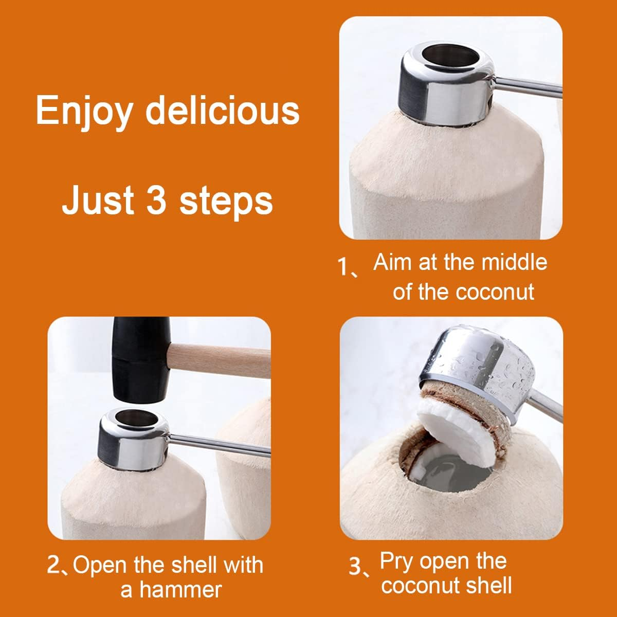 Coconut Opener Tool Set, Food Grade Stainless Steel Coconut Opener Kit, Shell Opener, Hammer, Coconut Grater, Hole Opener (4 Pieces) image number 6