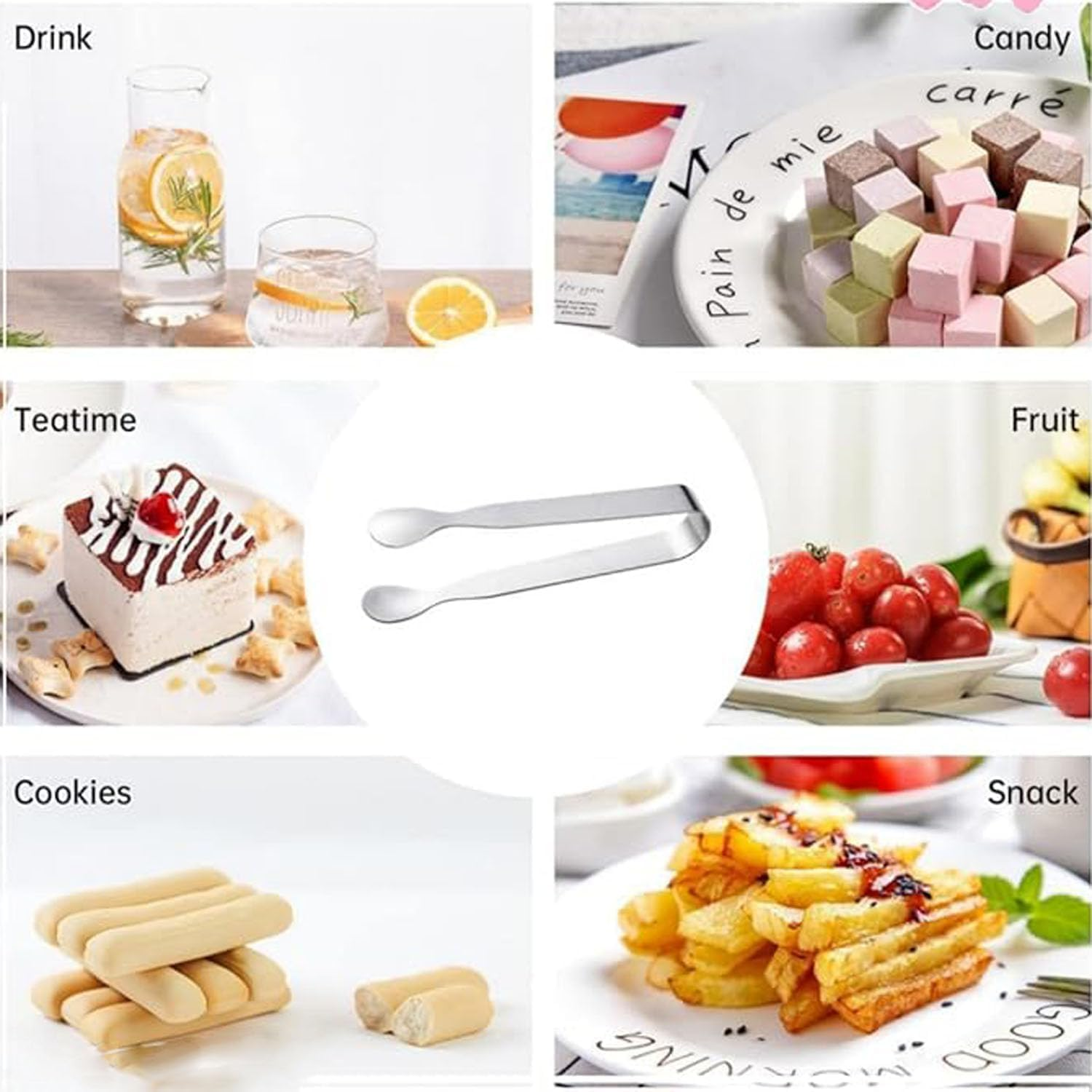 6Pcs Mini Small Tiny Tongs,4.25Inch Stainless Steel for Serving Food, Durable Kitchen Metal Tongs for Ice, Salad, Toaster, Desserts, Appetizers and Charcuterie Board (Silver) image number 1