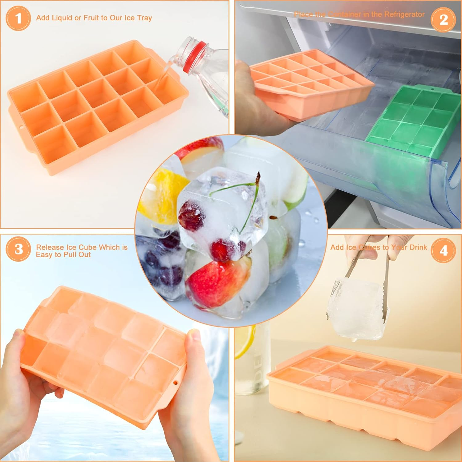 JOPHEK Ice Cube Tray, Pack of 2, 30 Compartments Silicone Ice Cube Tray, Large Square Ice Cubes, 3.5 Cm for Cocktails, Whisky, Wine, Fruit, Fruit Purees, Ice Cream, Iced Tea image number 5
