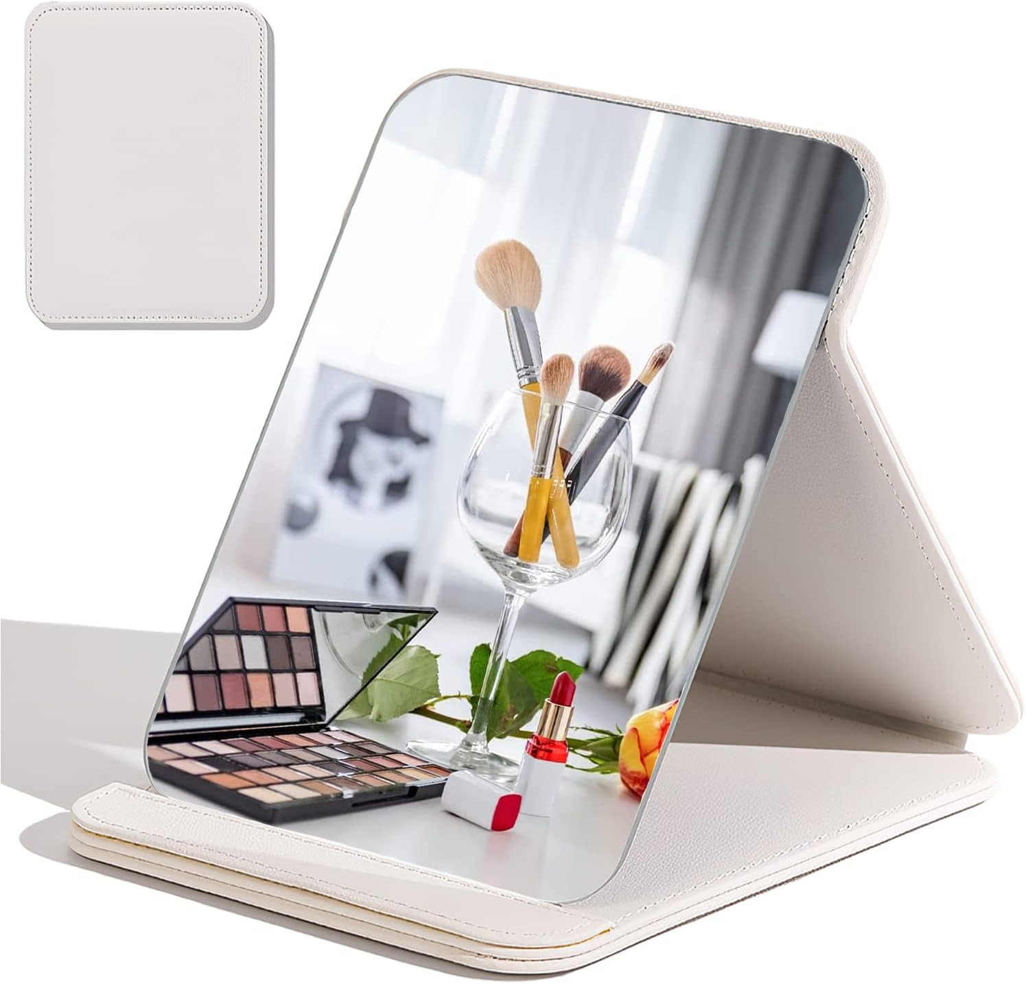 Portable Folding Makeup Mirror, PU Leather Cushioned Cover Vanity Mirror with Stand for Travel Outing Tabletop Personal (White) image number 1