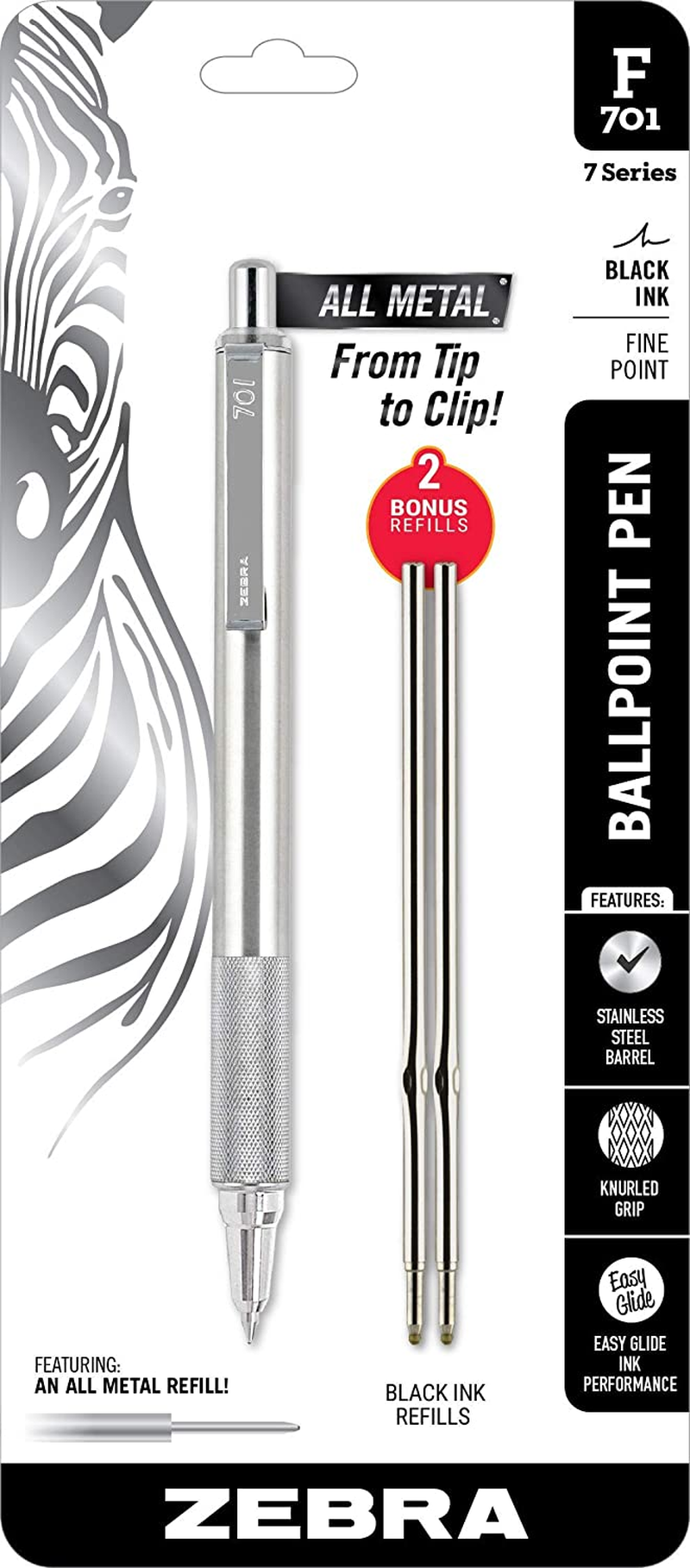 Zebra F-701 Metal Pen, 0.8Mm Fine Point Retractable Stainless Steel Ballpoint Pen, 1 Black Pen with 2 Refills image number 4