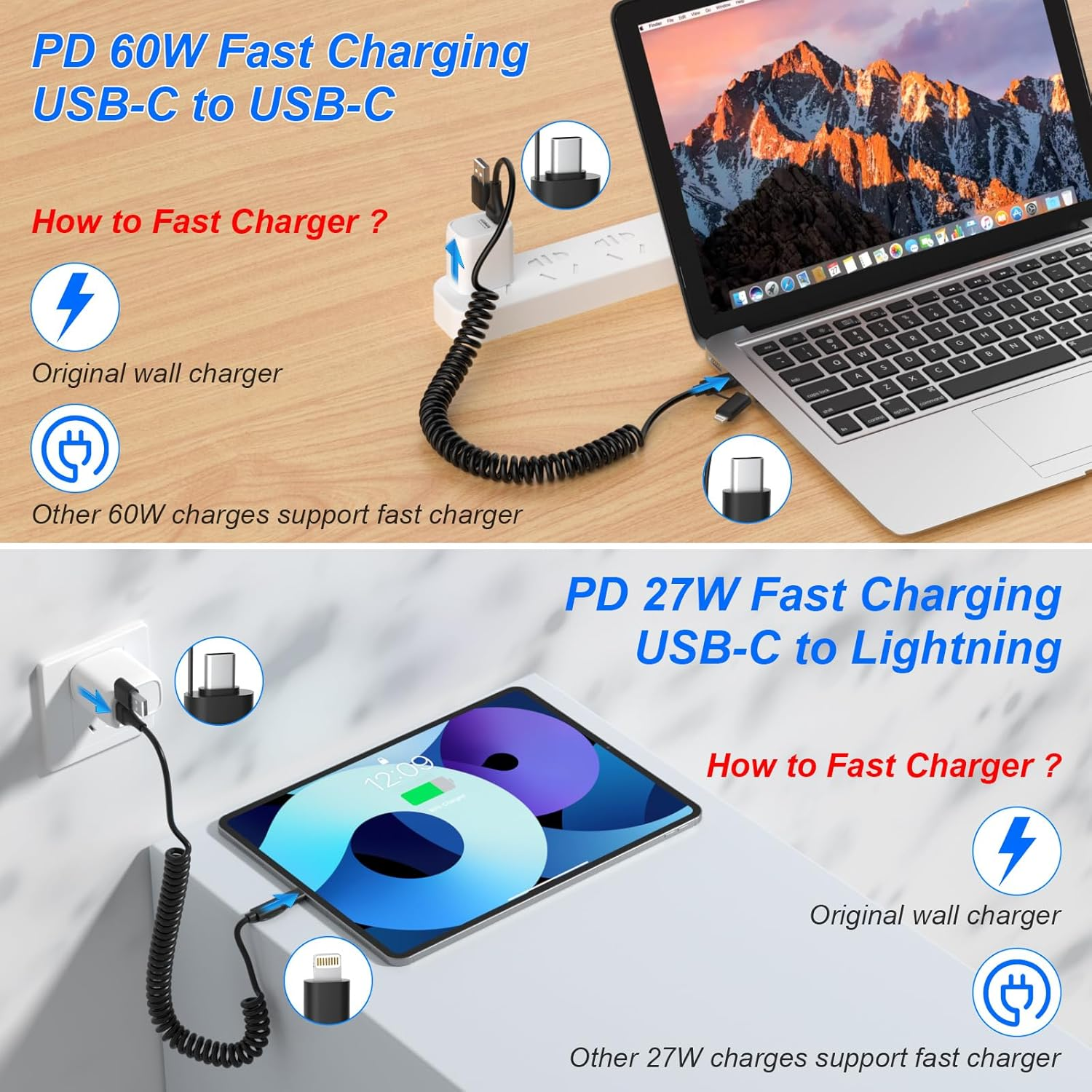 4 in 1 USB C and Lightning Cable [Mfi Certified]60W Fast Charging & Data Sync Apple Carplay & Android Auto,Coiled Multi Charging Cable Combo Lightning/Type C/USB a Ports for Iphone/Android/Ipad/Laptop image number 4