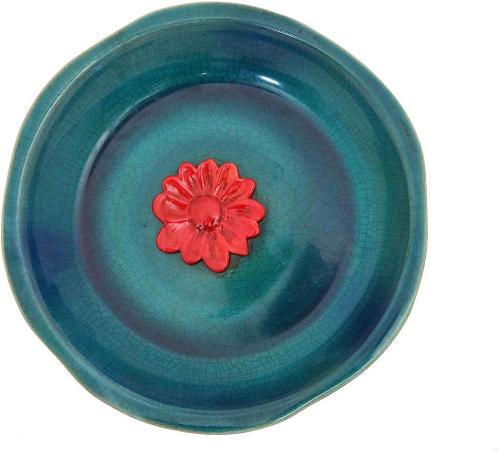 Topadorn Birdbath Ceramic Bowl Decor for Bee Bird Bath Outdoor Garden Vintage Yard,Blue with Yellow Flower