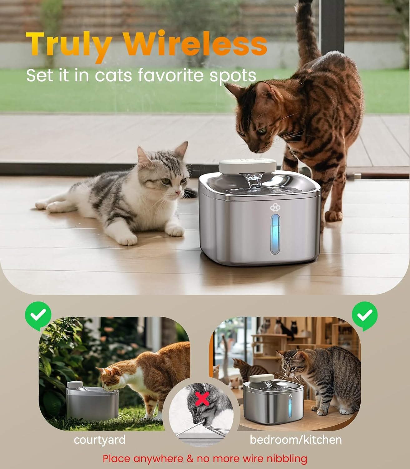 Oneisall Cordless Cat Water Fountain Battery Operated Stainless Steel, 3.5L Wireless Cat Water Fountain Rechargeable with Motion Sensor, Cat Fountain with Quiet Pump 3 Replacement Filters image number 5