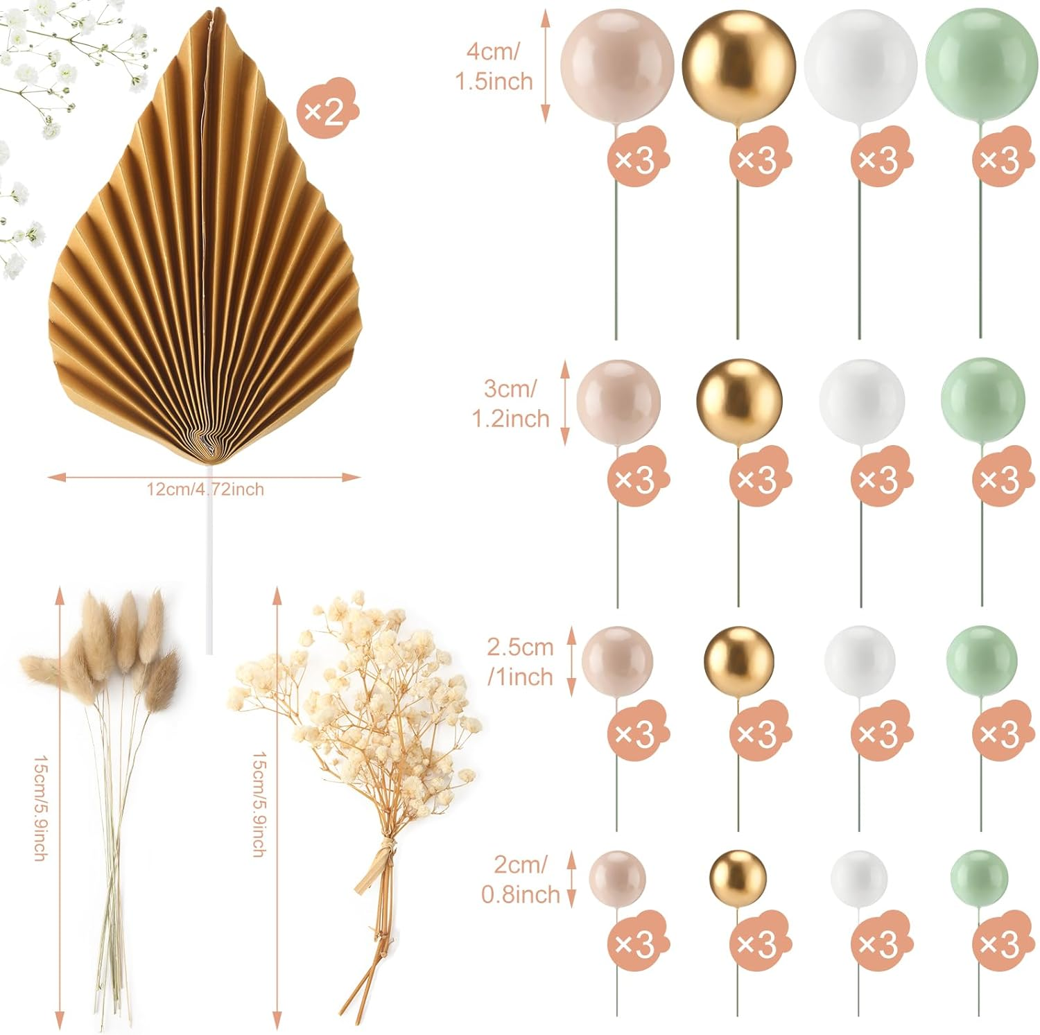 61Pcs Sage Green Ball Cake Topper and Picks - Foam Cupcake Topper for Baby Shower, Birthday Party, Wedding Anniversary - DIY Cake Decoration Supplies image number 4