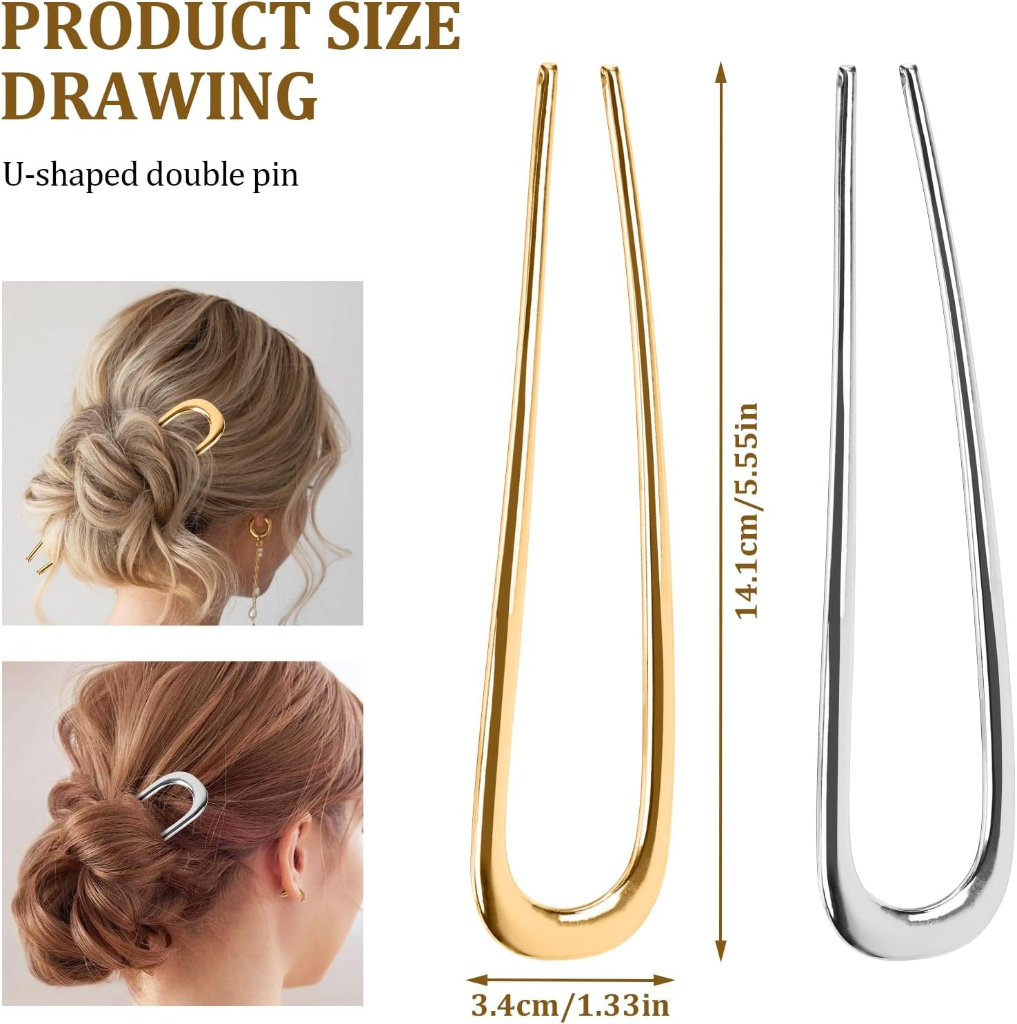 Pack of 2 U-Shaped Hair Pins, French Hair Pins, Large, U-Shaped French Hair Pin Made of Metal, Hair Bow, Hair Fork, Hair Sticks, Hair Accessories for All Hair Types of Women and Girls (Gold, Silver) image number 5