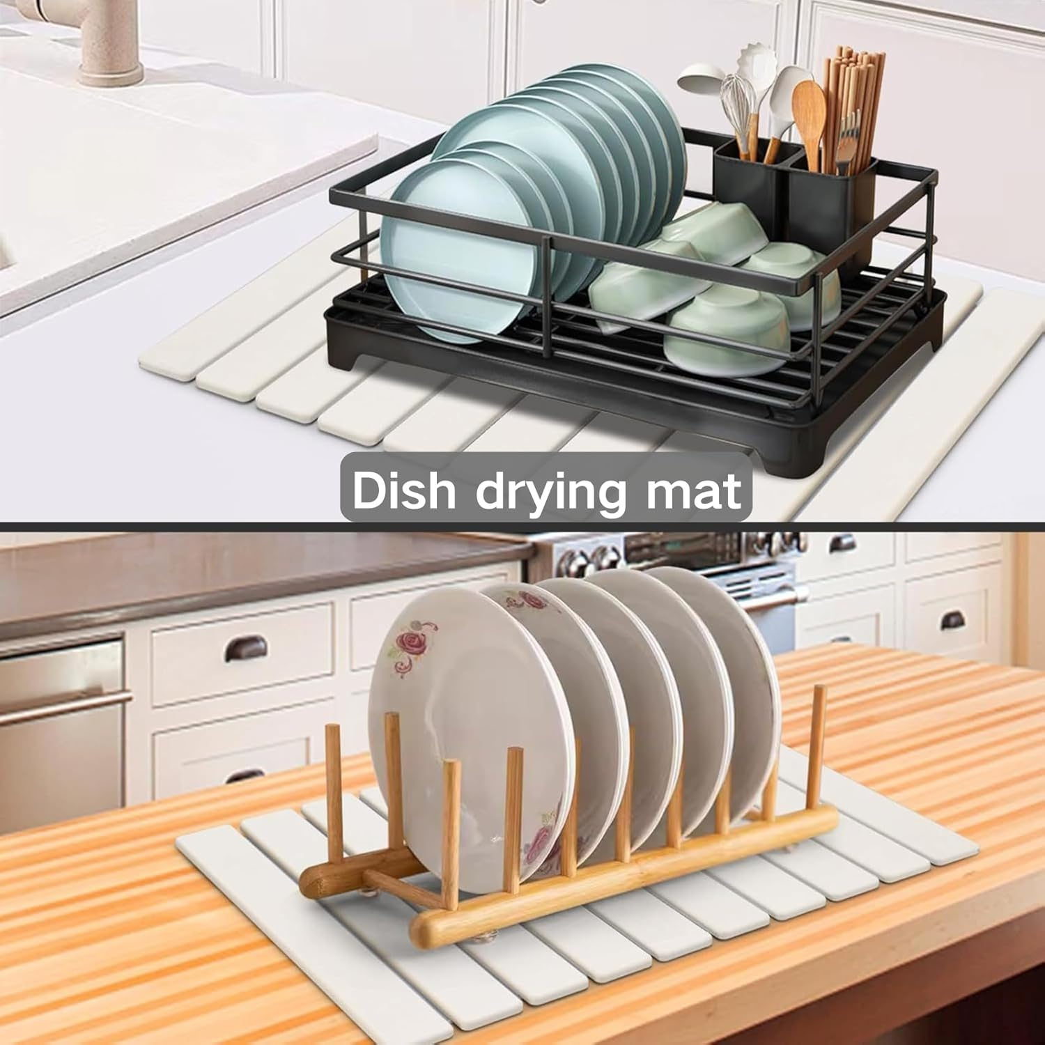 Stone Dish Drying Mat for Kitchen Counter, Foldable Absorbent Diatomaceous Earth Mat Quick Dry for Kitchen Dishes, Bottles, Cups, or Bathroom Any Countertop 60&times;39Cm (Deep Grey) image number 4