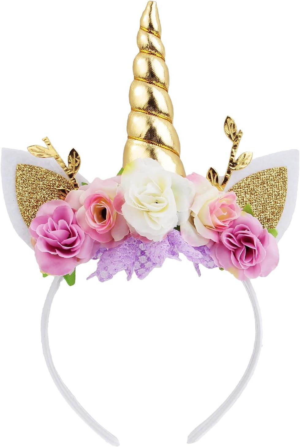 Nishine Unicorn Horn Floral Headband Glitter Ears Pony Headbands Tiara for Girls Party Birthday Cosplay