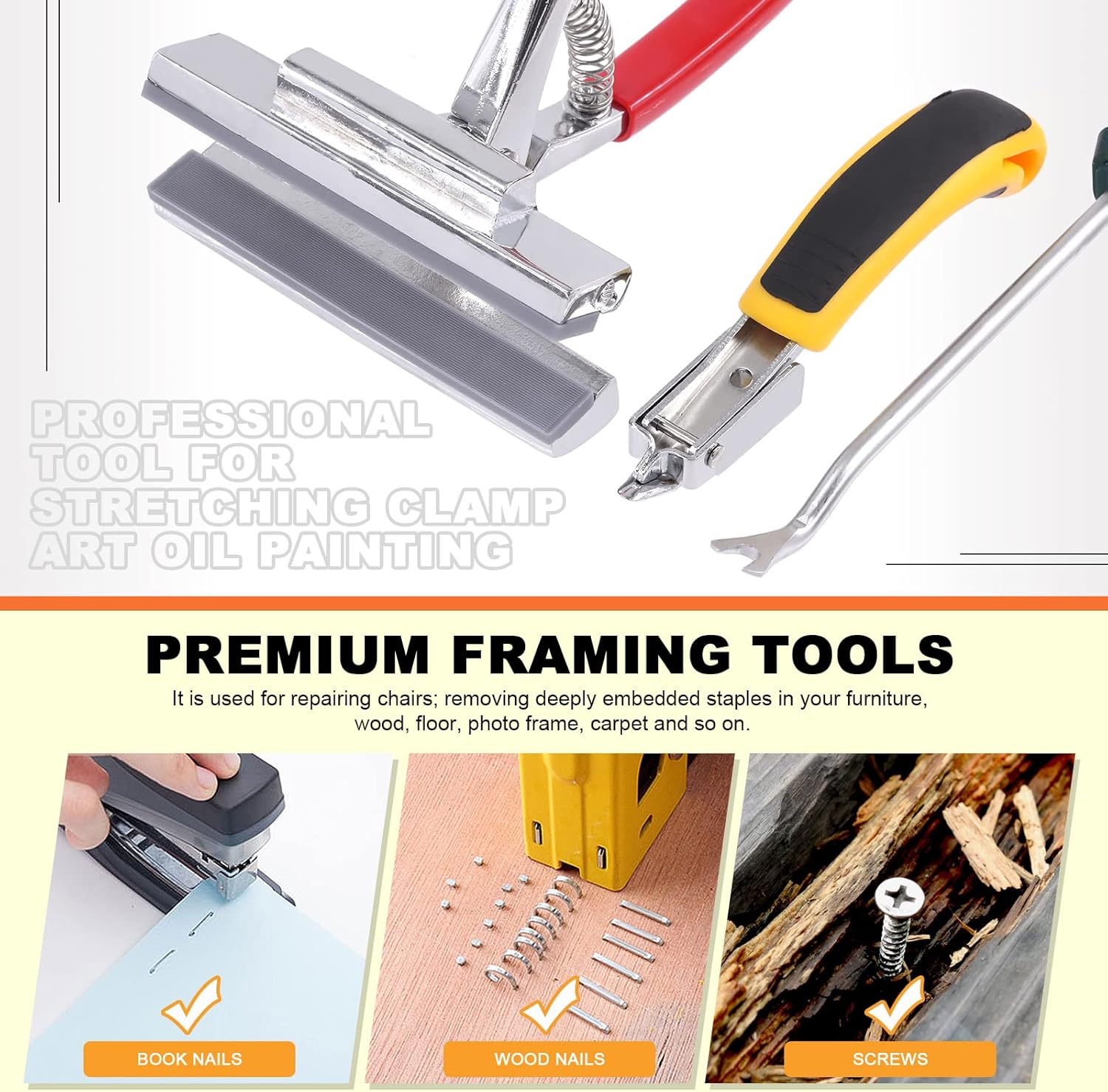 Tanstic 3Pcs Heavy Duty Canvas Pliers and Staple Remover and Tack Puller Set, Professional Canvas Stretching Pliers Tool with Spring Return Handle for Stretching Canvas Clamp Art Oil Painting image number 5