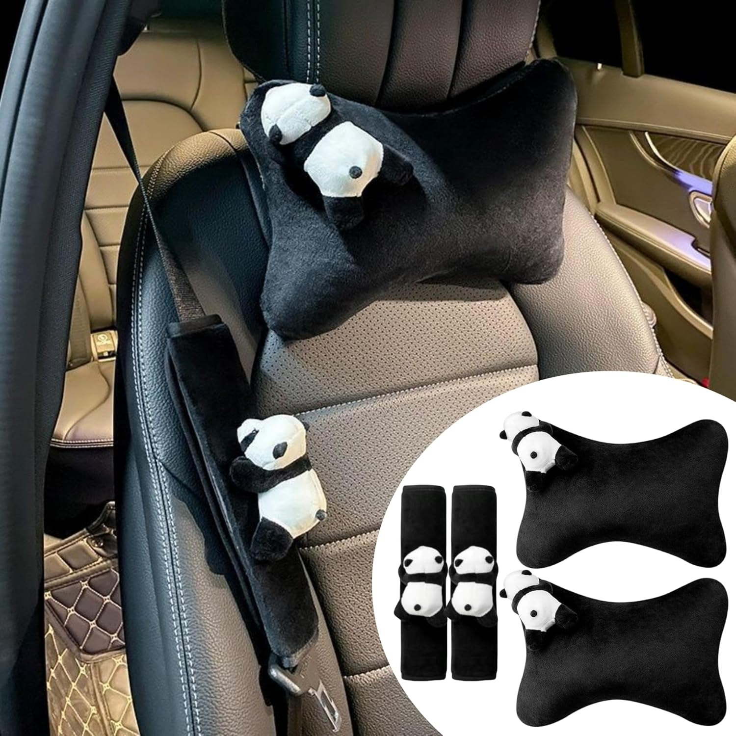 Car Seat Pillow & Seat Belt Covers 2PCS Cute Panda Car Headrest Pillow Cartoon Comfortable Neck Support Cushions Soft Plush Auto Belt Decor Wraps (2Pcs Car Pillow + Seat Belt Covers)
