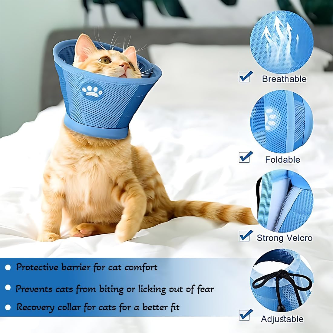 Cat Collar, Soft Adjustable Collar for Cats, Cat Collar, after Surgery and Injuries, Prevents Licking Wounds, Cat Collar, Cat Collar (Blue, S) image number 4