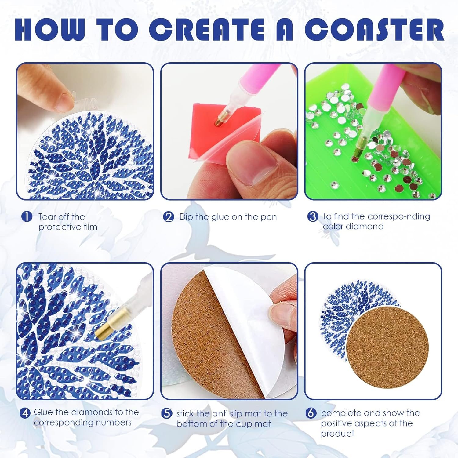 8 PCS Diamond Painting Coasters Kit with Holder - Blue Watercolor Indigo DIY Art Coasters for Beginners, Adults, Kids - Crafts Supplies
