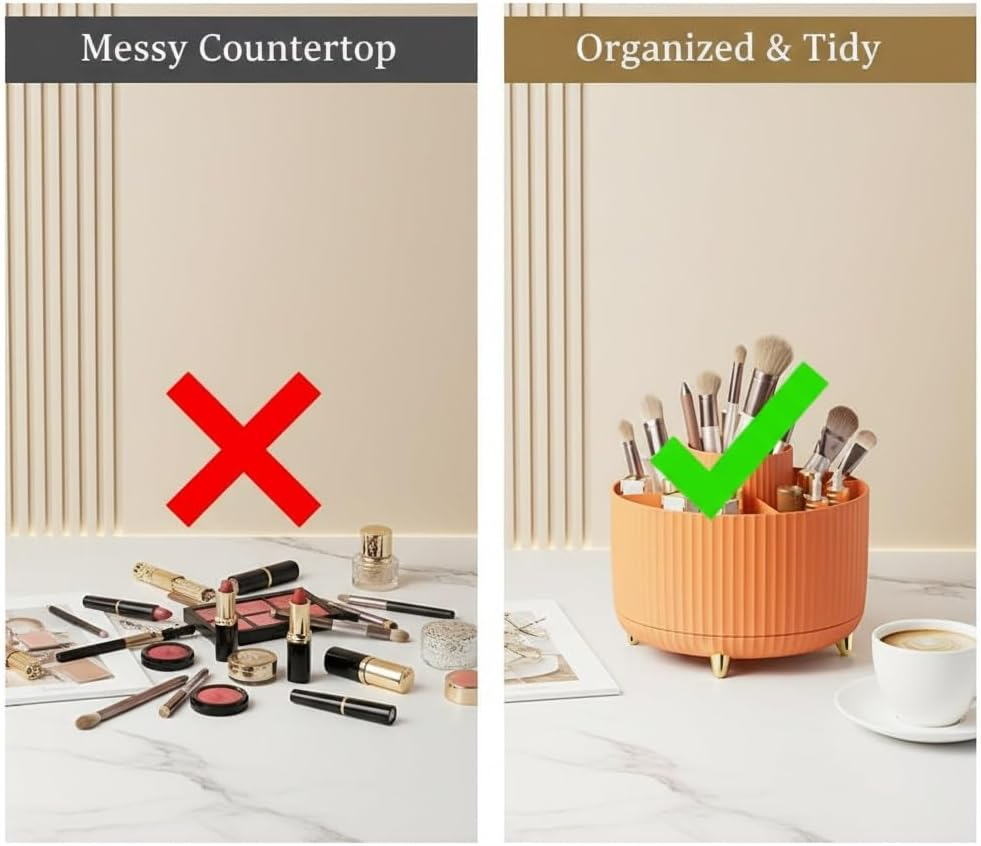 Spinning Makeup Brush Holder, 360&deg; Rotating Makeup Brush Organizer with 5 Slots, Large Capacity Cosmetic Storage Cup for Makeup Brushes, Lipsticks, Nail Polish, Bathroom Vanity Organizer(Orange) image number 6