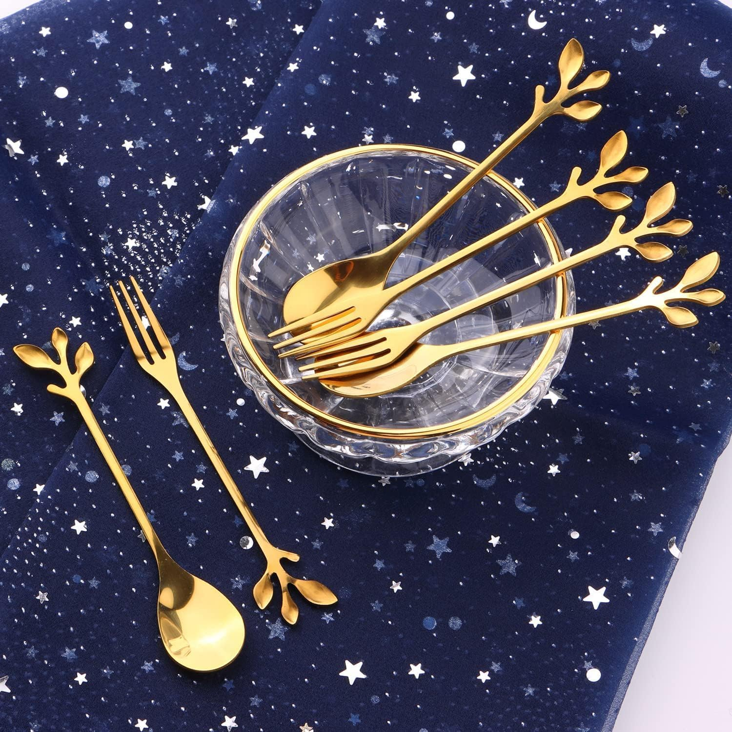 12Pcs Stainless Steel Gold Leaf Coffee Spoon and Cake Fruit Forks, Tableware Dessert Demitasse Ice-Cream Tea Spoons and Forks, Cake, Sugar Coffee Mixing Spoon and Fork Set(6 Forks + 6 Spoons) image number 3