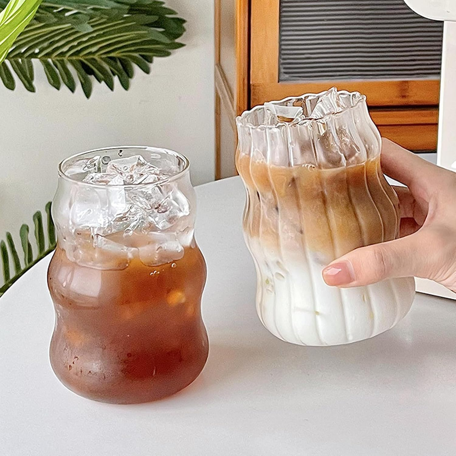 Vintage Ribbed Glassware Water Tumbler, 18 Oz Aesthetic Ripple Glass Tumbler, Ripple Glassware Coffee Cup, Cute Glass Tumbler for Iced Coffee Juice Drink Milk (1 Pcs) image number 6
