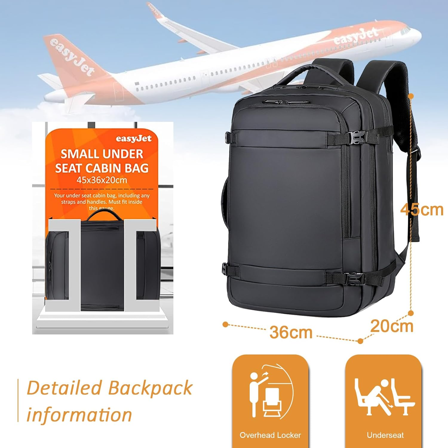 SUCIKORIO Cabin Bag 45X36X20 New Easyjet Underseat, Expandable Hand Luggage Bag Waterproof Carry on Holdall Travel Backpack with Padded Laptop Pocket and USB Charging Port Fit 15.6 Inch Laptop