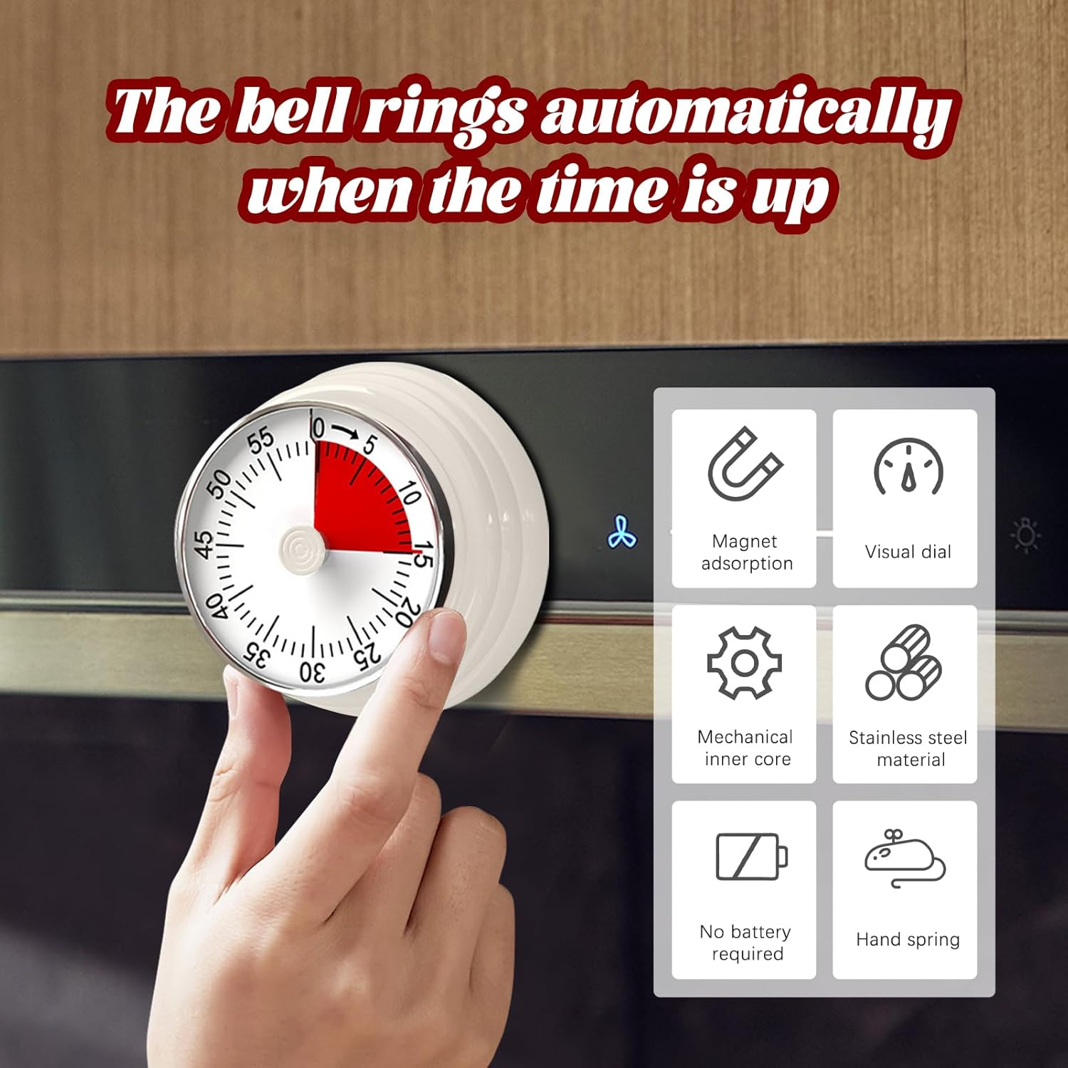 Timer, Mechanical Kitchen Timer, No Battery Needed, Manual Wind - Up, Magnet Attachable, for Cooking, Baking, Yoga & More, up to 1 Hour Precise Timing (Beige) image number 4