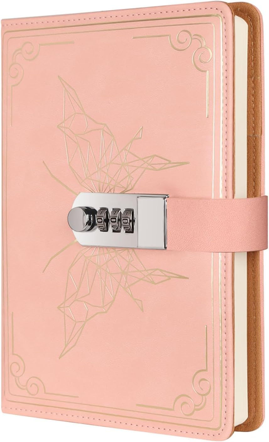 Literary Vintage Locking Leather Notebook,Beautiful Butterfly Pattern Compass, A5 Notebook for Women and Men