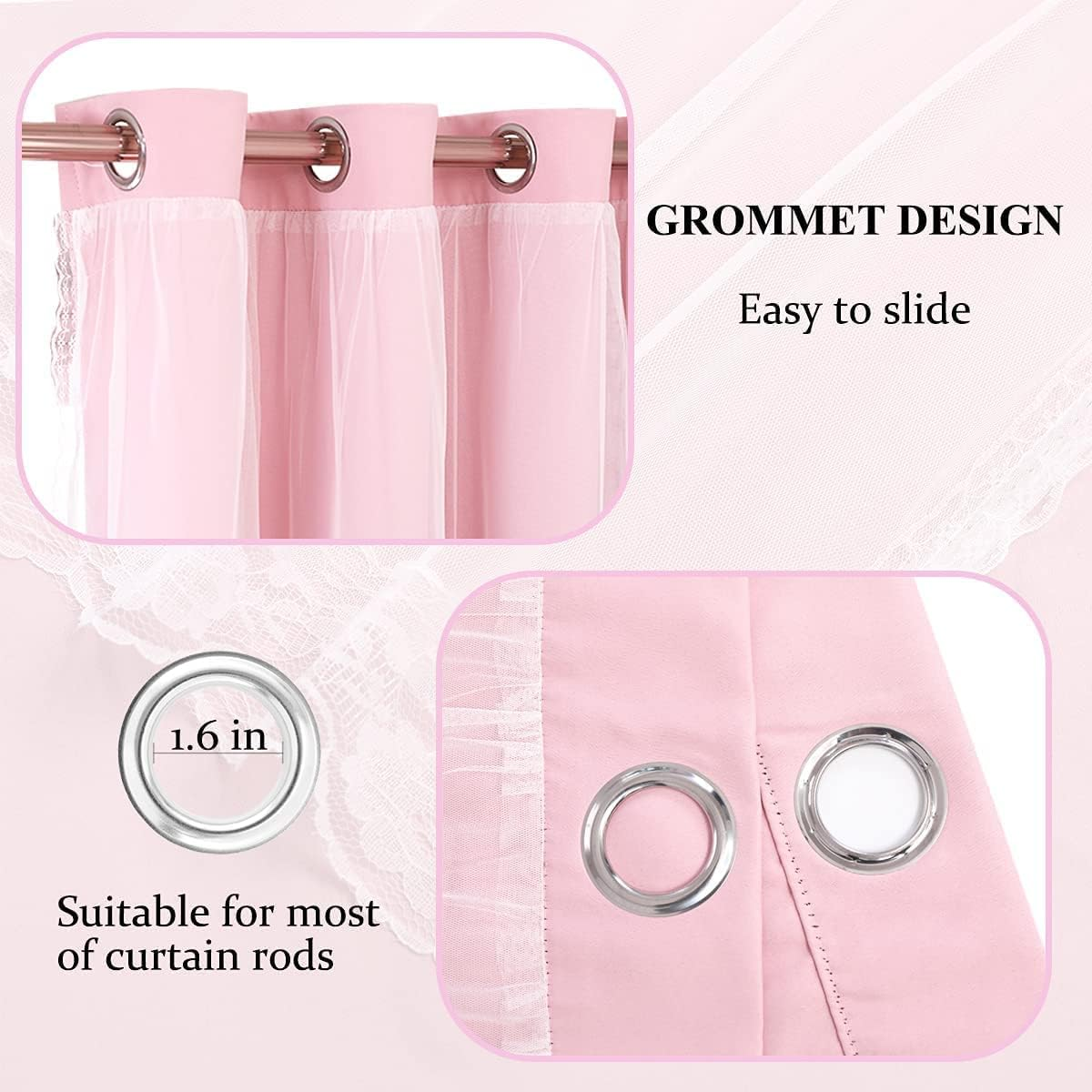 SOFJAGETQ Short Pink Curtains 63 Inch Long- Blackout Curtains with Voile Sheer Drapes Thermal Pink Window Treatments with Tie-Backs for Kids/Girls Bedroom Nursery Living Room, Elegant, 2 Panels image number 3