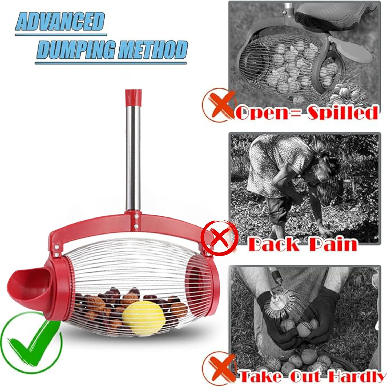 Gyugmhao Manual Rolling Nut Collector,Adjustable Nut Gatherer,Pinecone Picker Upper - Directly Dump Outlet,Apply to Pinecone,Hickory,Chestnuts,Golf,Crab Apple Objects Size 1Cm to 5Cm;1.5 Gallon image number 5