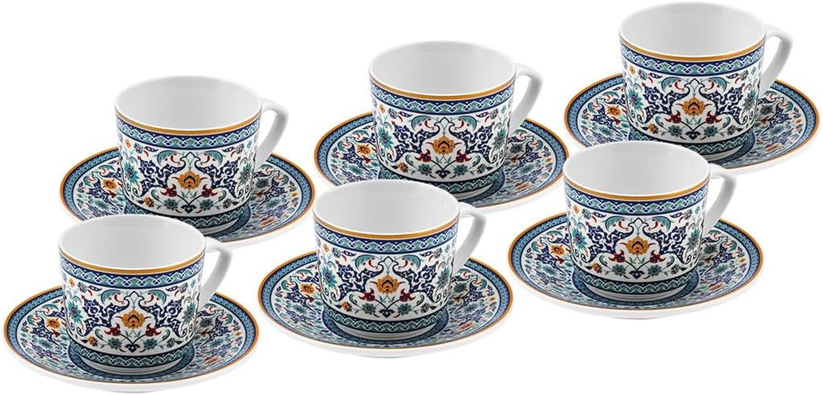 Karaca Beylerbeyi Porcelain Turkish Coffee Cup Set of 6, 12 Piece, 80Ml, White Blue Multi