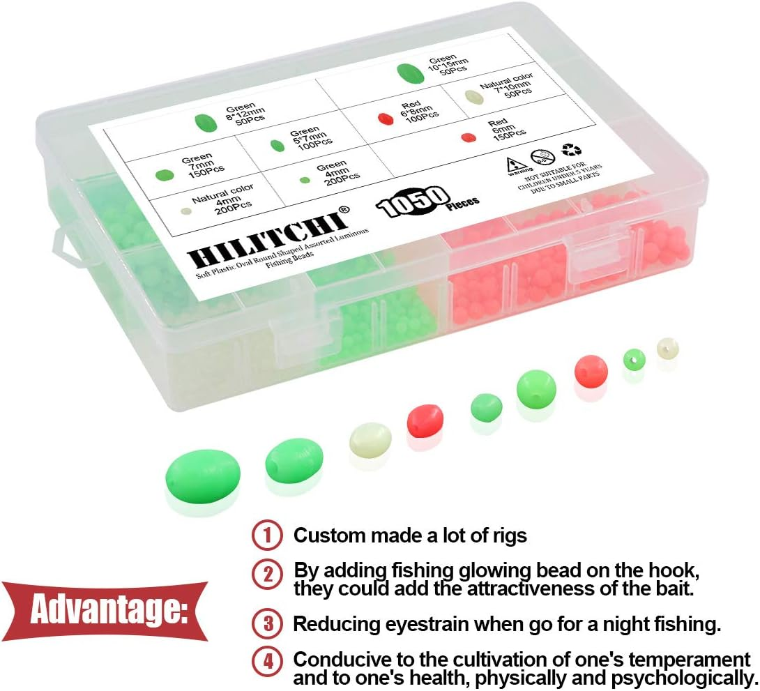 1050 Pcs 9 Sizes All Luminous Fishing Beads Assorted Soft Plastic Oval round Shaped Glow Eggs for Stream Pool Lake River Fishing (All Glow in the Dark) image number 6