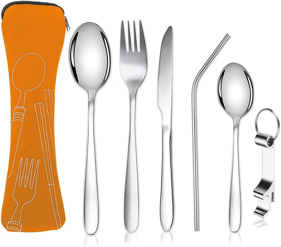 6-Piece Portable Camping Cutlery Set, 304 Stainless Steel Cutlery Sets, Camping Cutlery with Knife, Fork, Spoon, Bottle Opener, Straws Cutlery Bag for Outdoor Travel Picnic Green